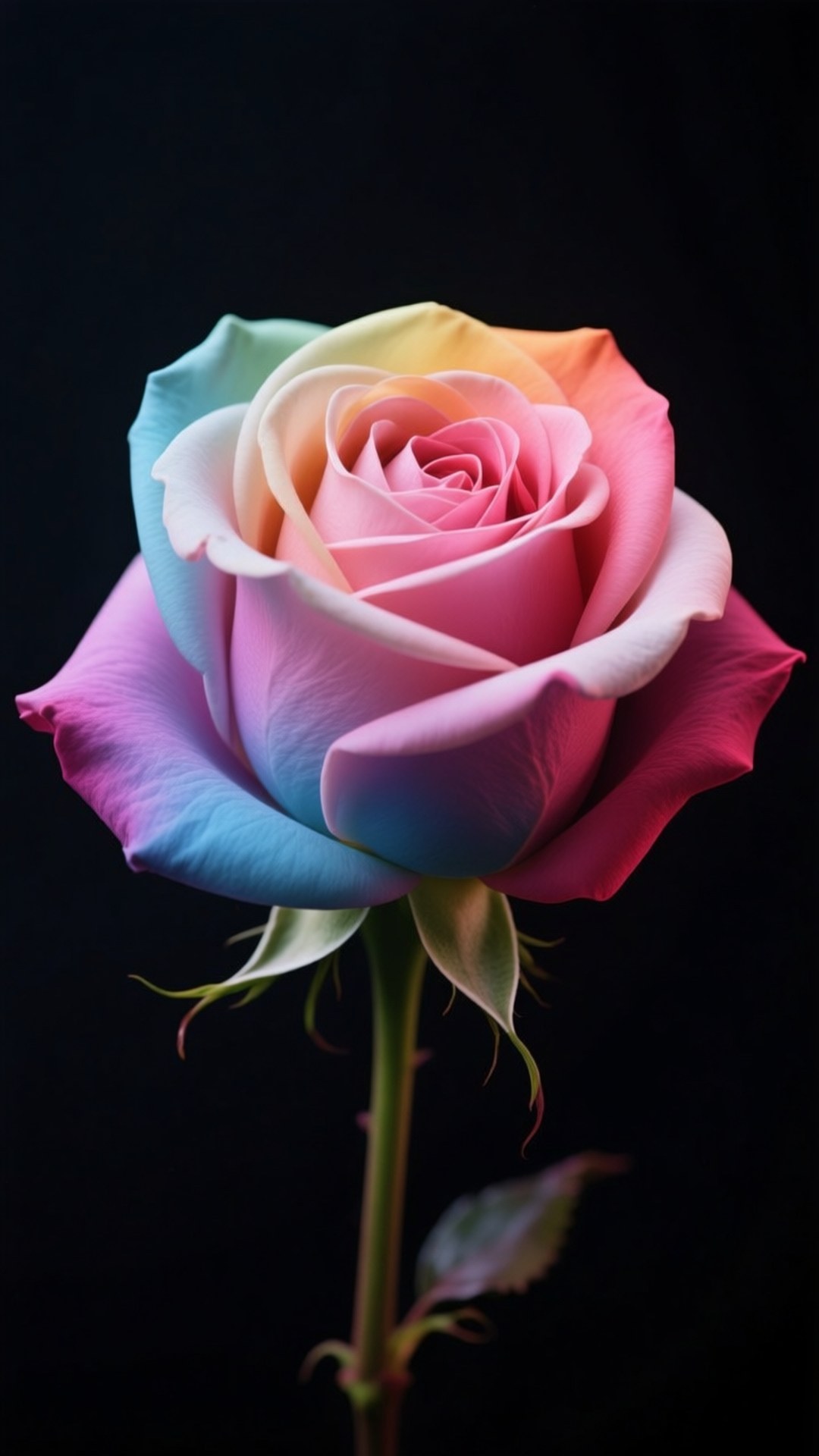Rose in Flag Colors 壁紙 — 一朵單一的玫瑰，帶有彩虹花瓣，從藍色過渡到粉紅色再到黃色，背景為黑色。