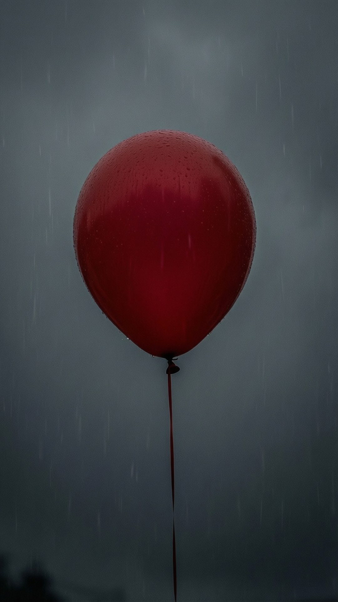 Lone Red Balloon 壁紙 — 一個鮮紅色的氣球在灰色的雨天天空中莊嚴地漂浮，表面附著著水滴。