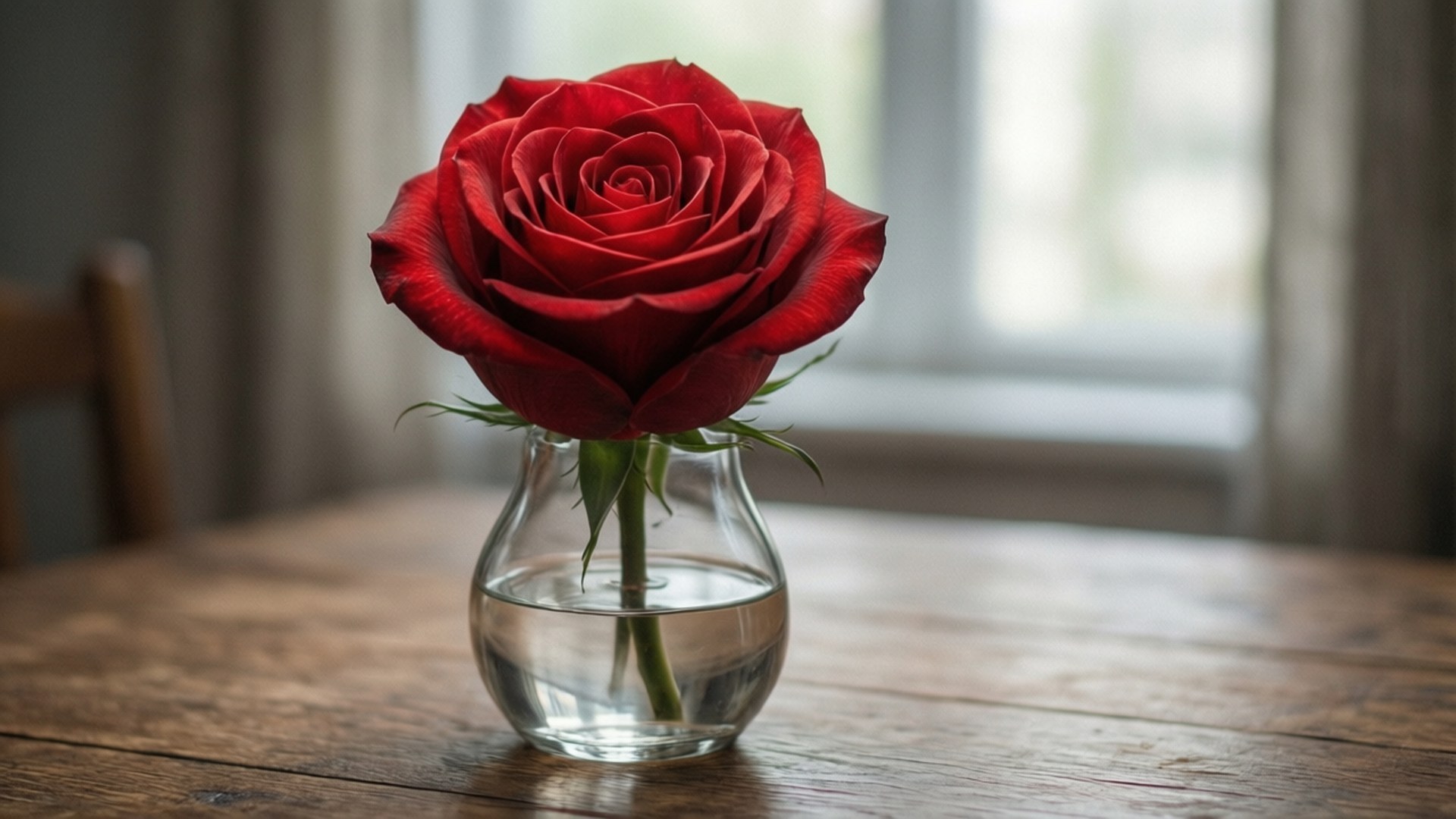 Red Rose Still Life 壁紙 — 一朵鮮豔的紅玫瑰插在裝滿水的透明玻璃花瓶中，放在窗邊的質樸木桌上。
