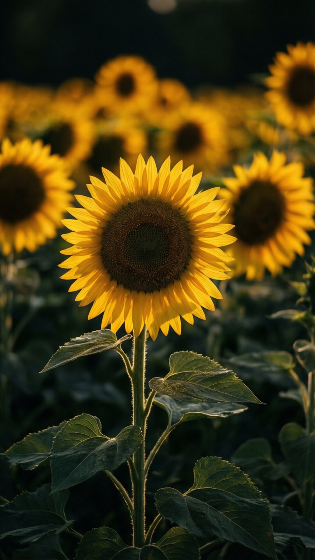Lone Sunflower 壁紙 — 一朵鮮豔的向日葵高高聳立，焦點清晰，金色花瓣和深色中心，周圍是模糊的向日葵，在黃金時段的田野中。
