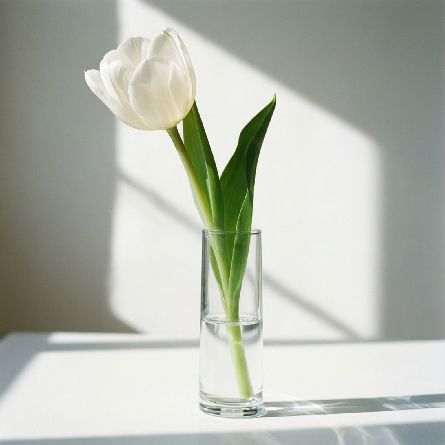 White Tulip Minimal 壁紙 — 一朵白色鬱金香放在透明玻璃花瓶中，在自然陽光沐浴的明亮白色表面上投下柔和陰影。