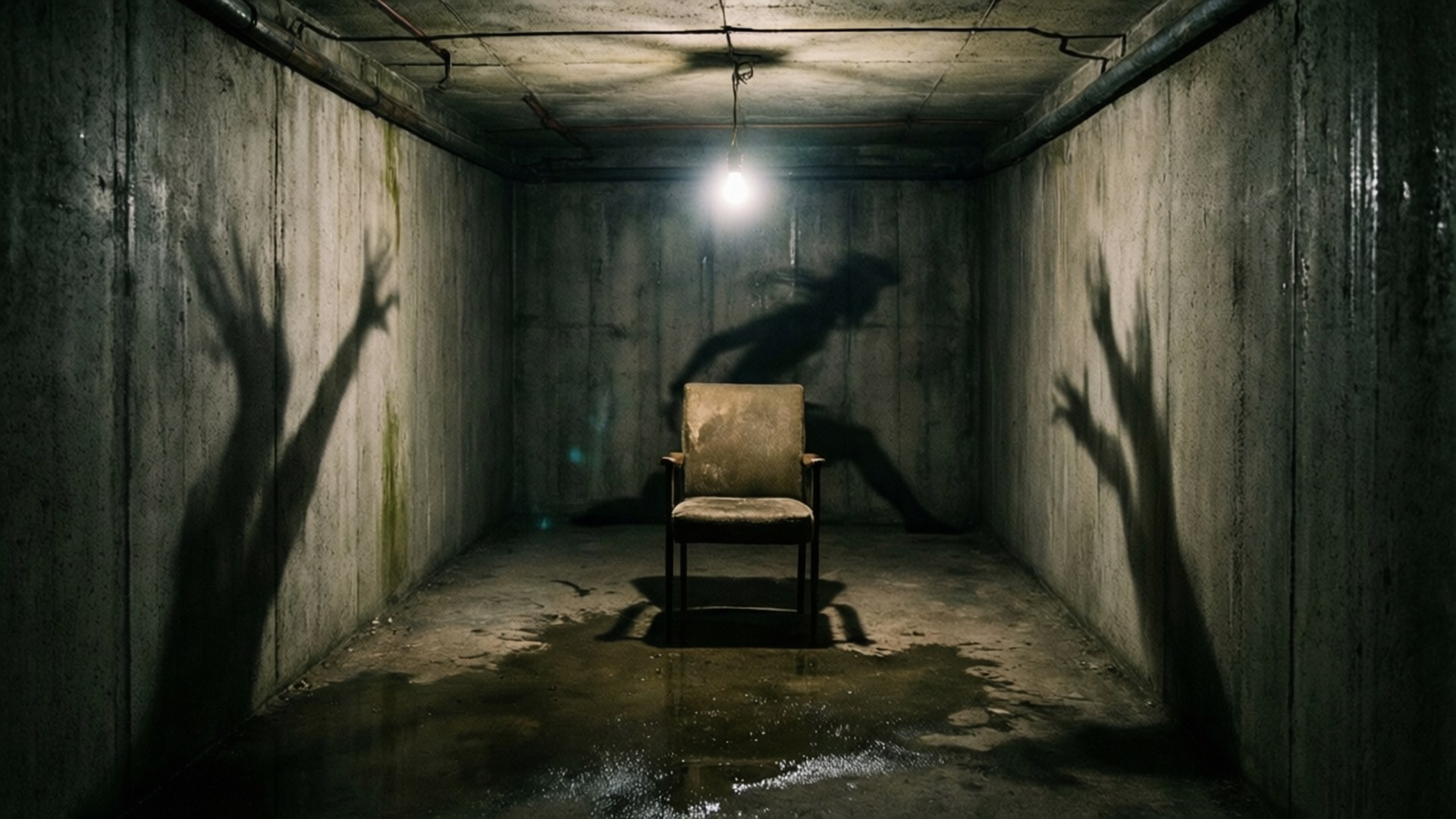 Basement of Shadows 壁紙 — 一張破舊的椅子放在昏暗的混凝土牢房中，地板潮濕，牆上伸出威脅性的陰影人物。