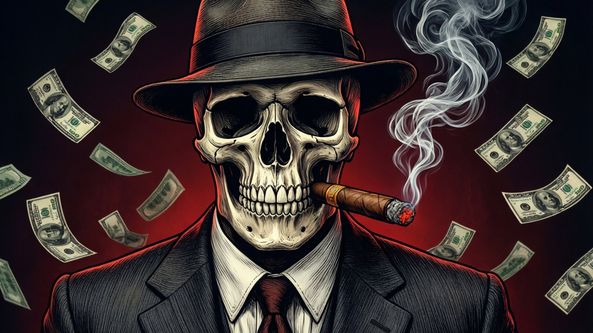 Skull Gangster Money 壁紙 — 一個戴著軟呢帽和西裝的骷髏頭抽著雪茄，美元鈔票在深紅色背景上如雨般落下。