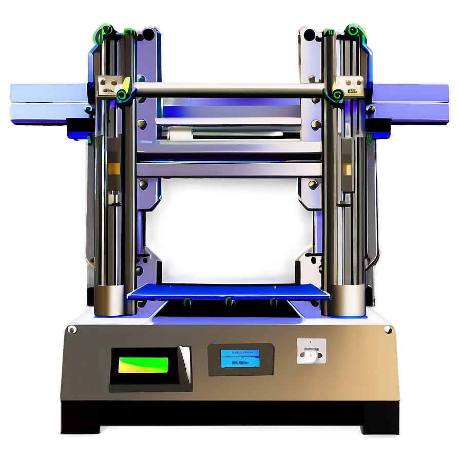 一部現代的3D列印機帶有發光的藍色和綠色燈光。 — 3D 壁紙