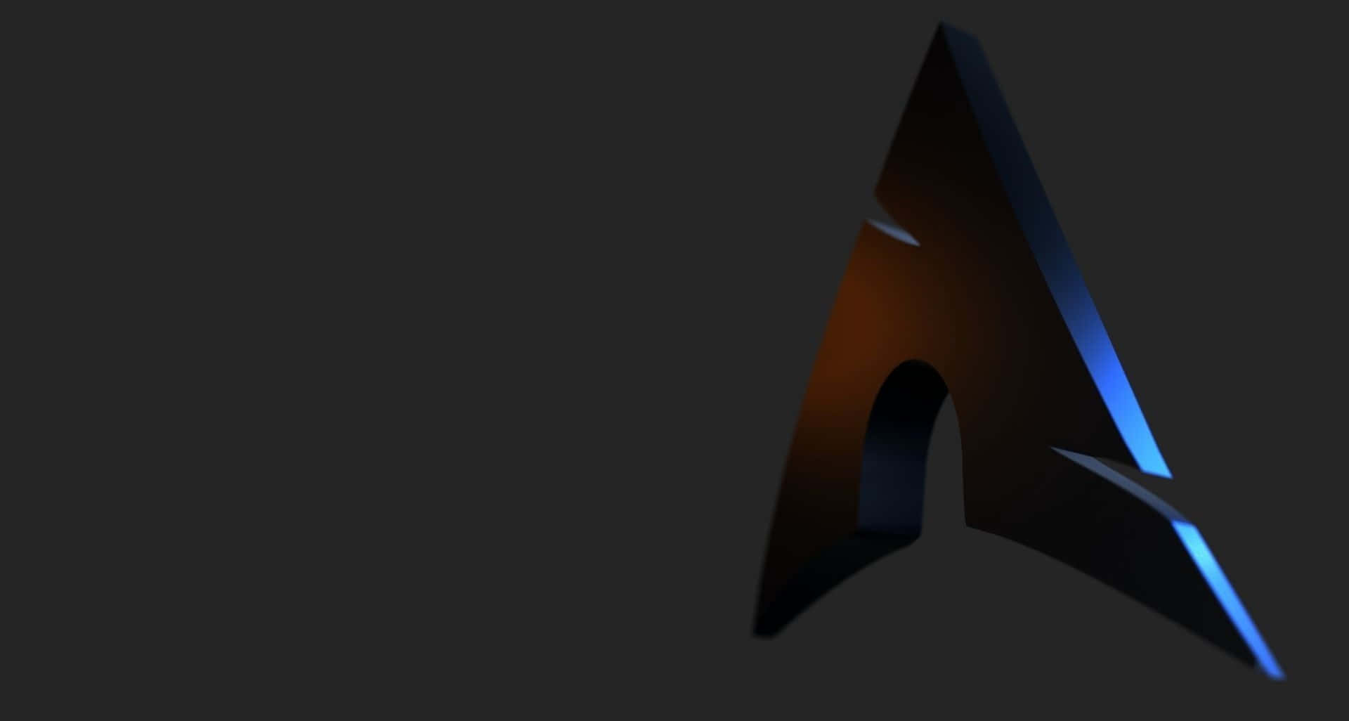 一個發光的3D字母A，在深色背景上帶有藍色和橙色亮點。 — Linux 壁紙