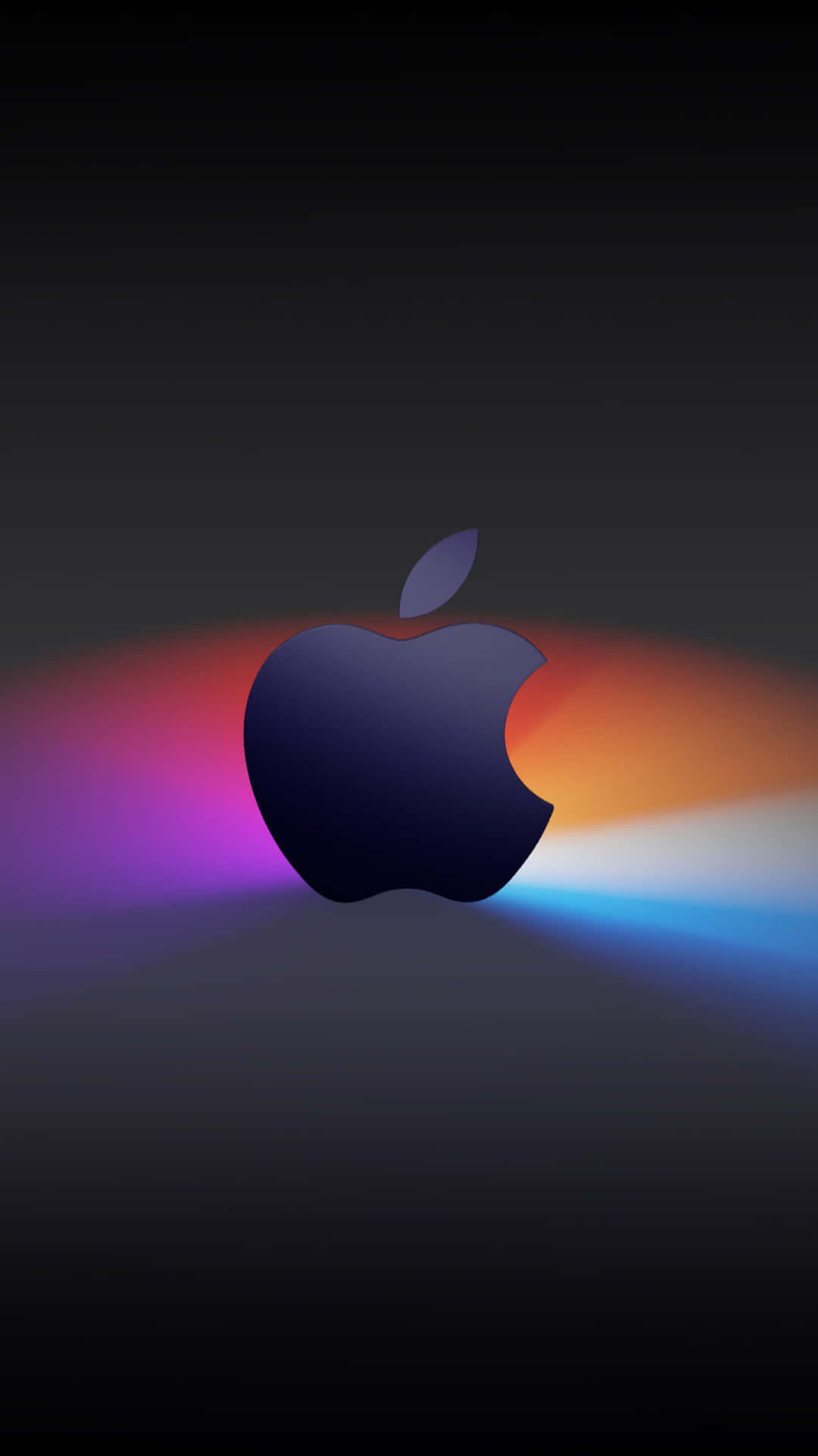  壁紙 — 一個時尚的Apple標誌在深色漸變背景上散發出充滿活力的紫色、橙色和藍色光芒。