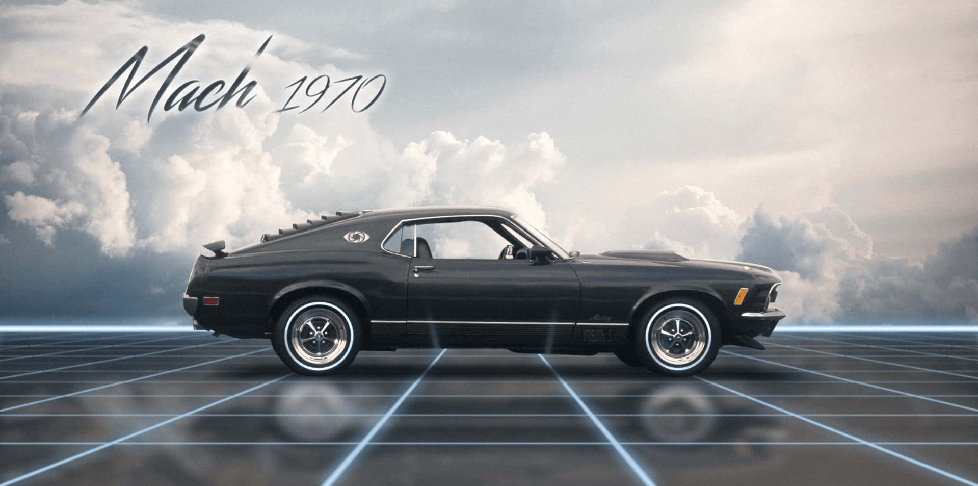 Ford Mustang Mach 1 桌布 壁紙 — 一架時尚的黑色1970年福特野馬Mach 1在發光的藍色網格上滑行，背景是戲劇性的多雲天空。