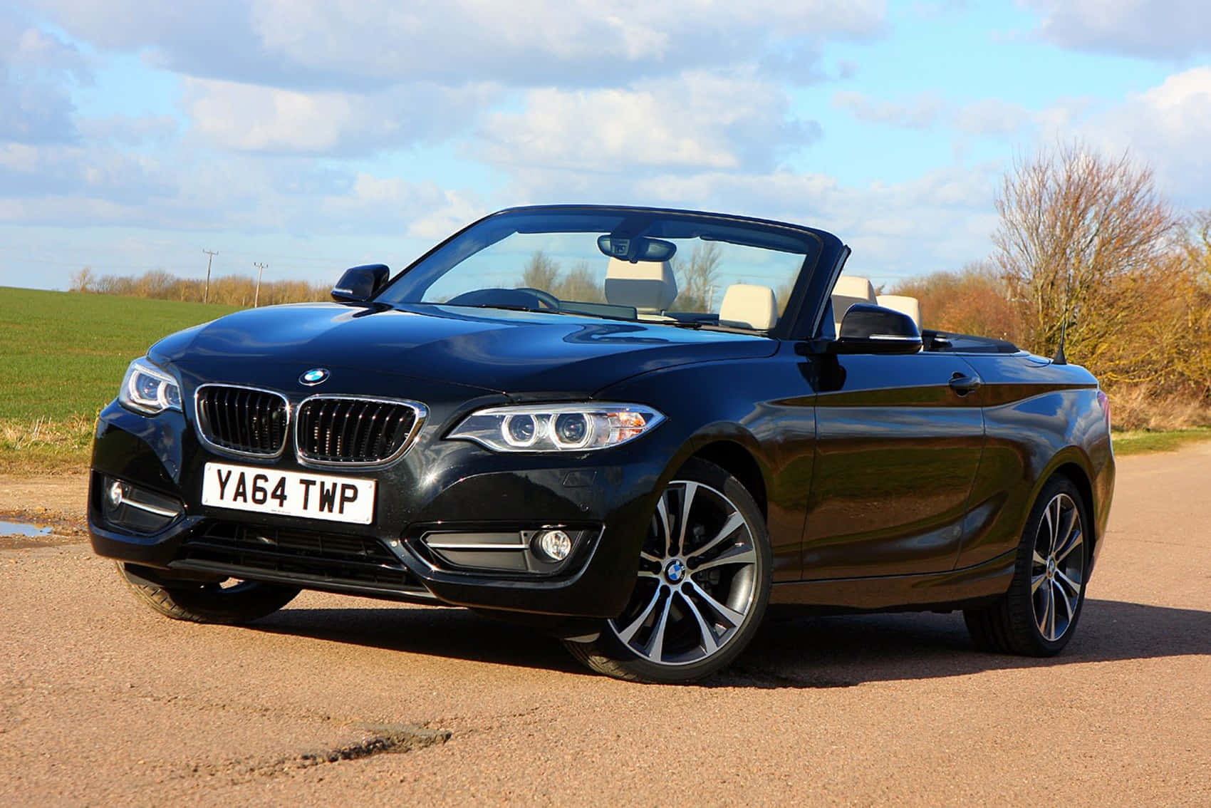 Bmw 2 Series 桌布 壁紙 — 一輛時尚的黑色寶馬敞篷車停在碎石路上，周圍是綠色田野和光禿禿的樹木，天空局部多雲。