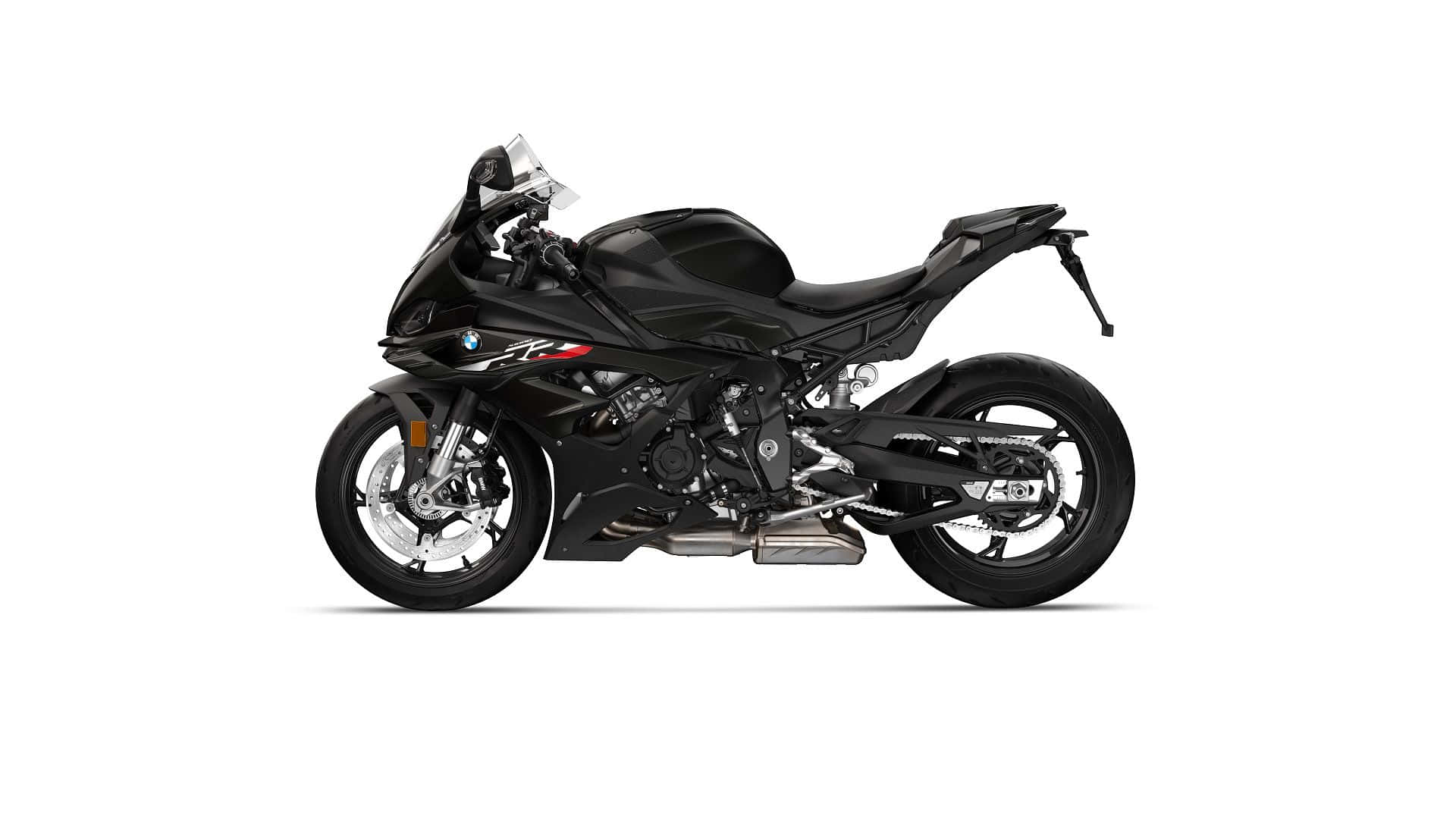  壁紙 — 一輛時尚的黑色BMW R1250RS運動摩托車在乾淨的白色背景上以側面展示。