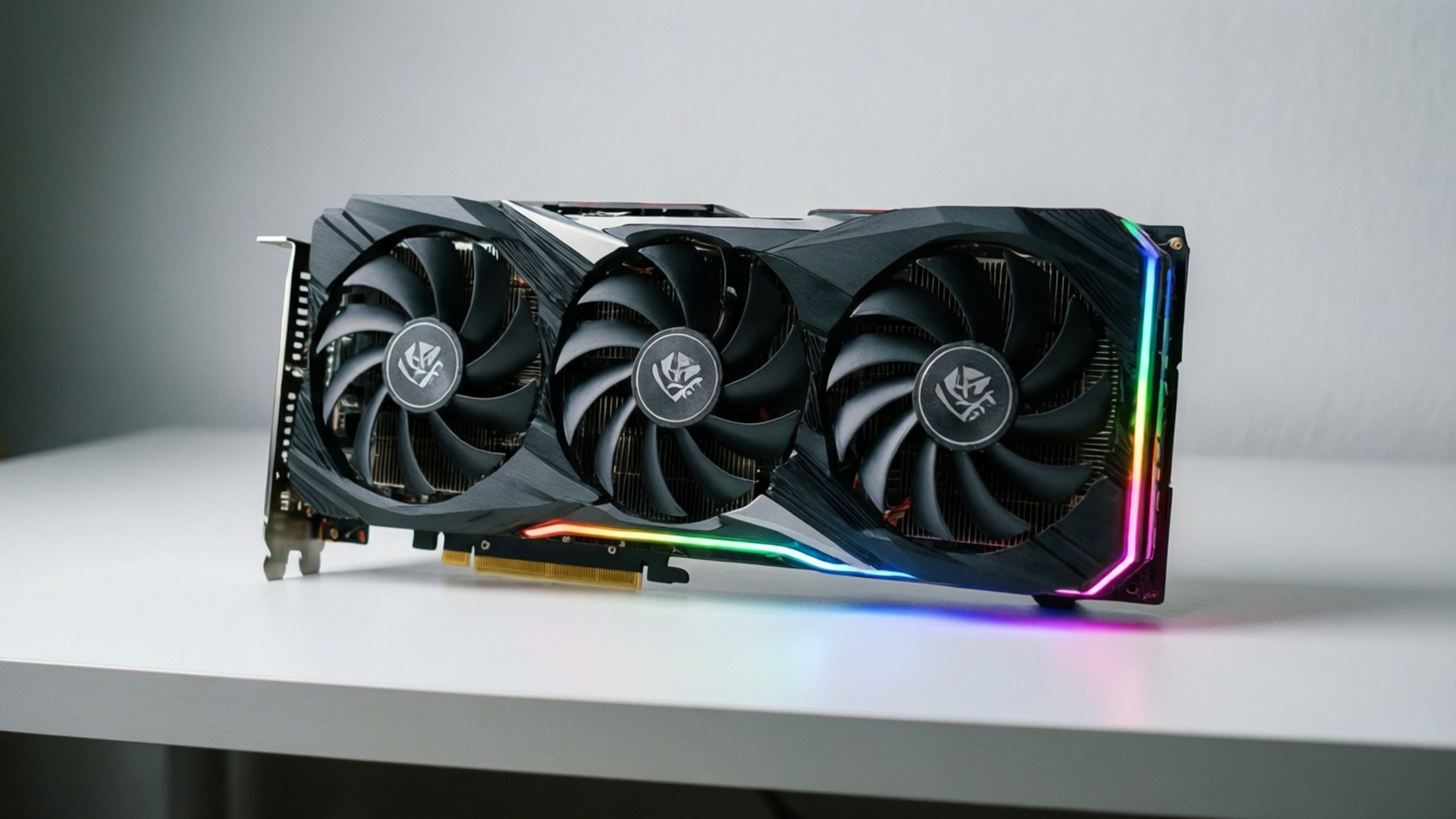 Gigabyte 桌布 壁紙 — 一張時尚的黑色顯示卡，配備三個風扇和彩虹LED燈光，放在白色桌子上，背景是灰色牆壁。