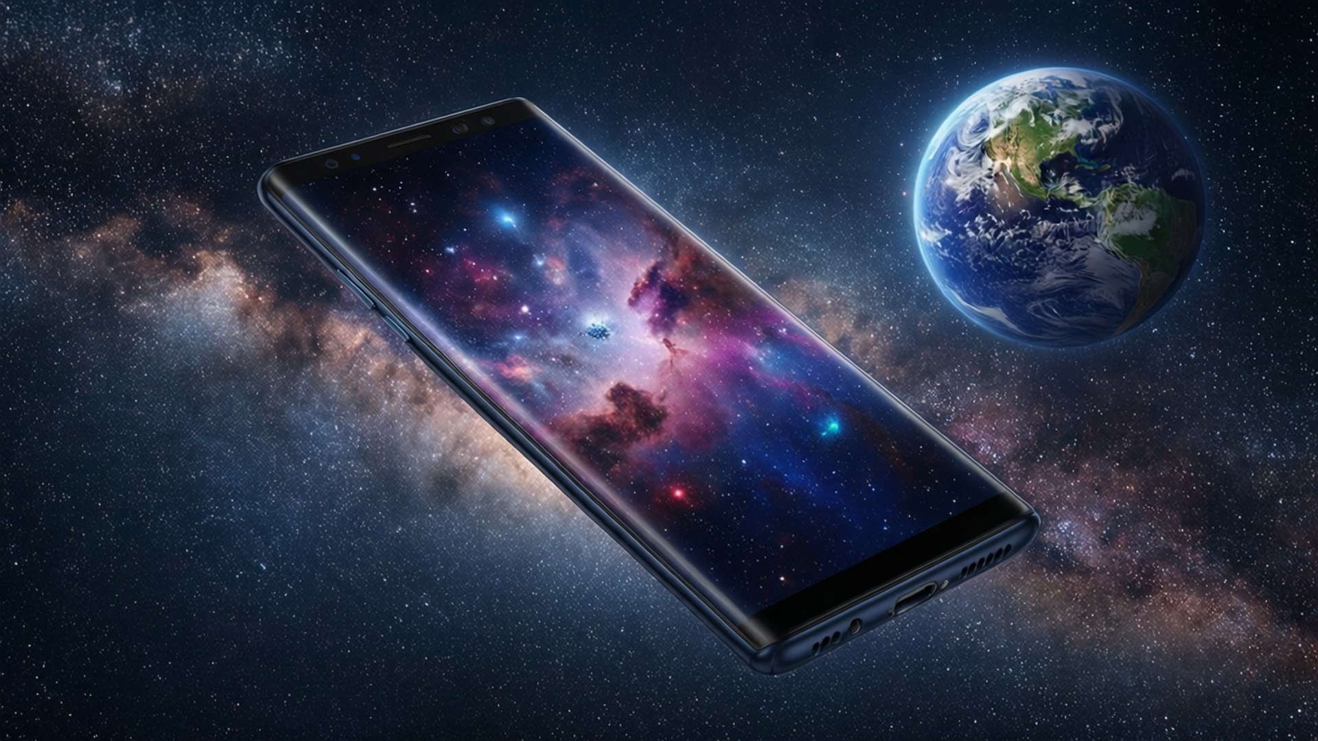 Note 8 桌布 壁紙 — 一部時尚的黑色智慧型手機漂浮在太空中，顯示出充滿活力的星雲，地球在附近可見。