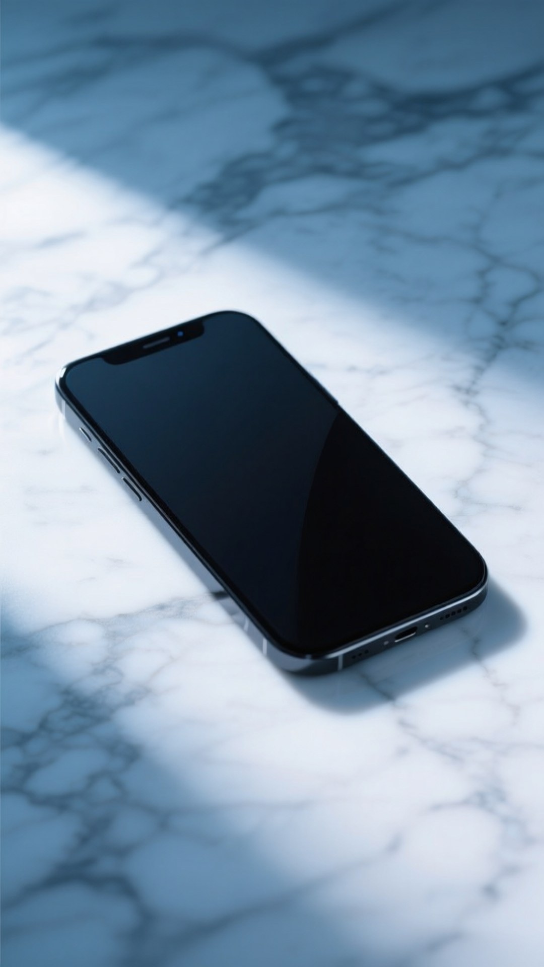 Elegant Phone on Marble 壁紙 — 一部時尚的黑色智慧型手機放在白色大理石表面上，沐浴在冷藍光中，投下柔和的陰影。