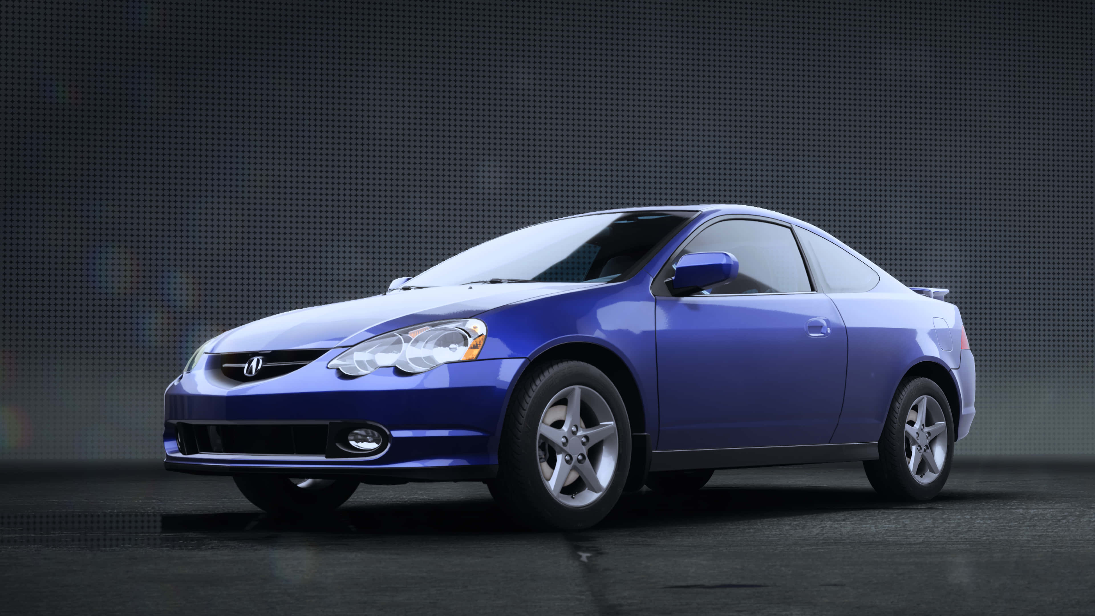 Acura Rsx 桌布 壁紙 — 一輛時尚的藍色Acura RSX轎跑車在攝影棚燈光下，在深色穿孔背景上閃閃發光。