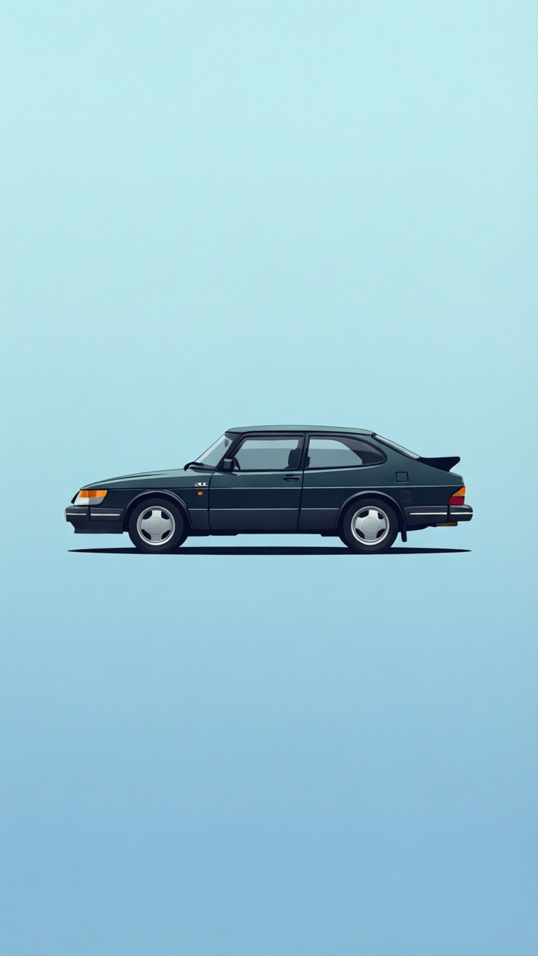 紳寶 桌布 壁紙 — 一輛時尚的深綠色經典Saab 900 Turbo轎跑車漂浮在漸變天藍色背景上。
