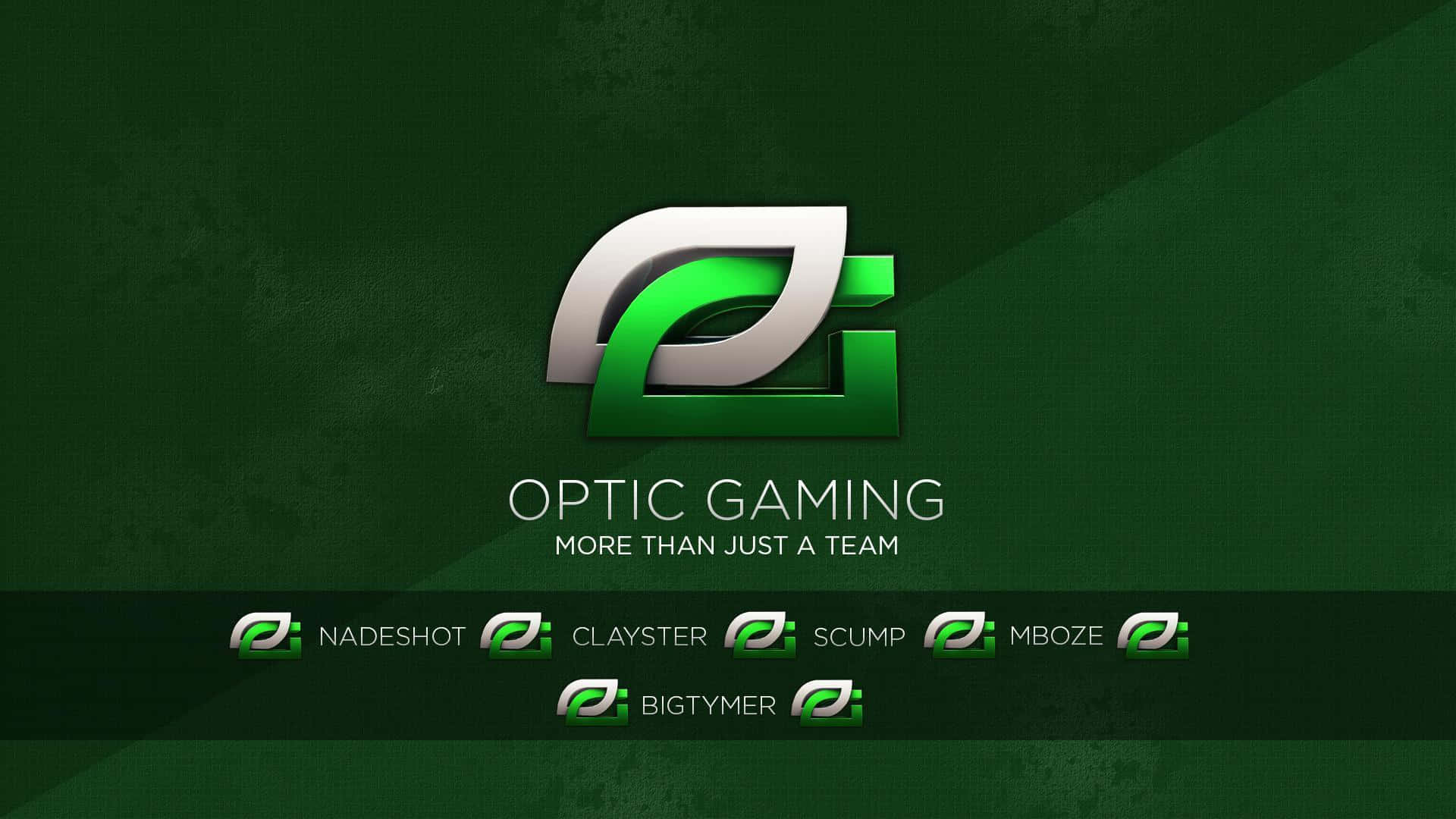 Optic Gaming 桌布 壁紙 — 一個時尚的綠色和銀色Optic Gaming標誌，下方有玩家名稱，背景為帶紋理的深綠色。