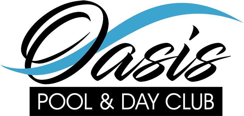 綠洲 桌布 壁紙 — Oasis Pool & Day Club 的時尚標誌，採用風格化字體和流動的藍色波浪，襯以黑色背景。