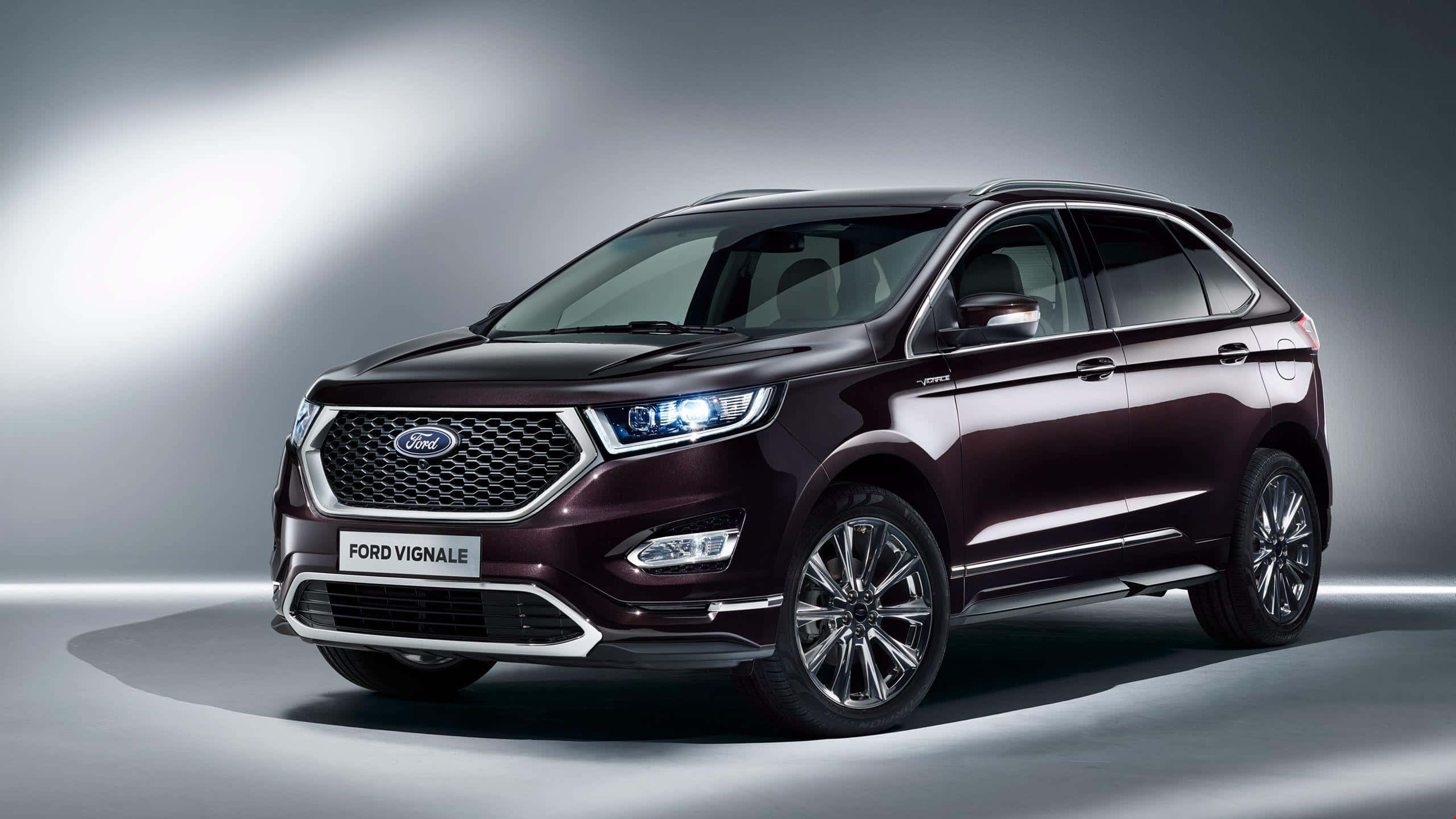Ford Edge 桌布 壁紙 — 一輛時尚的栗色Ford Edge Vignale SUV在簡約灰色背景下的攝影棚燈光中閃耀。