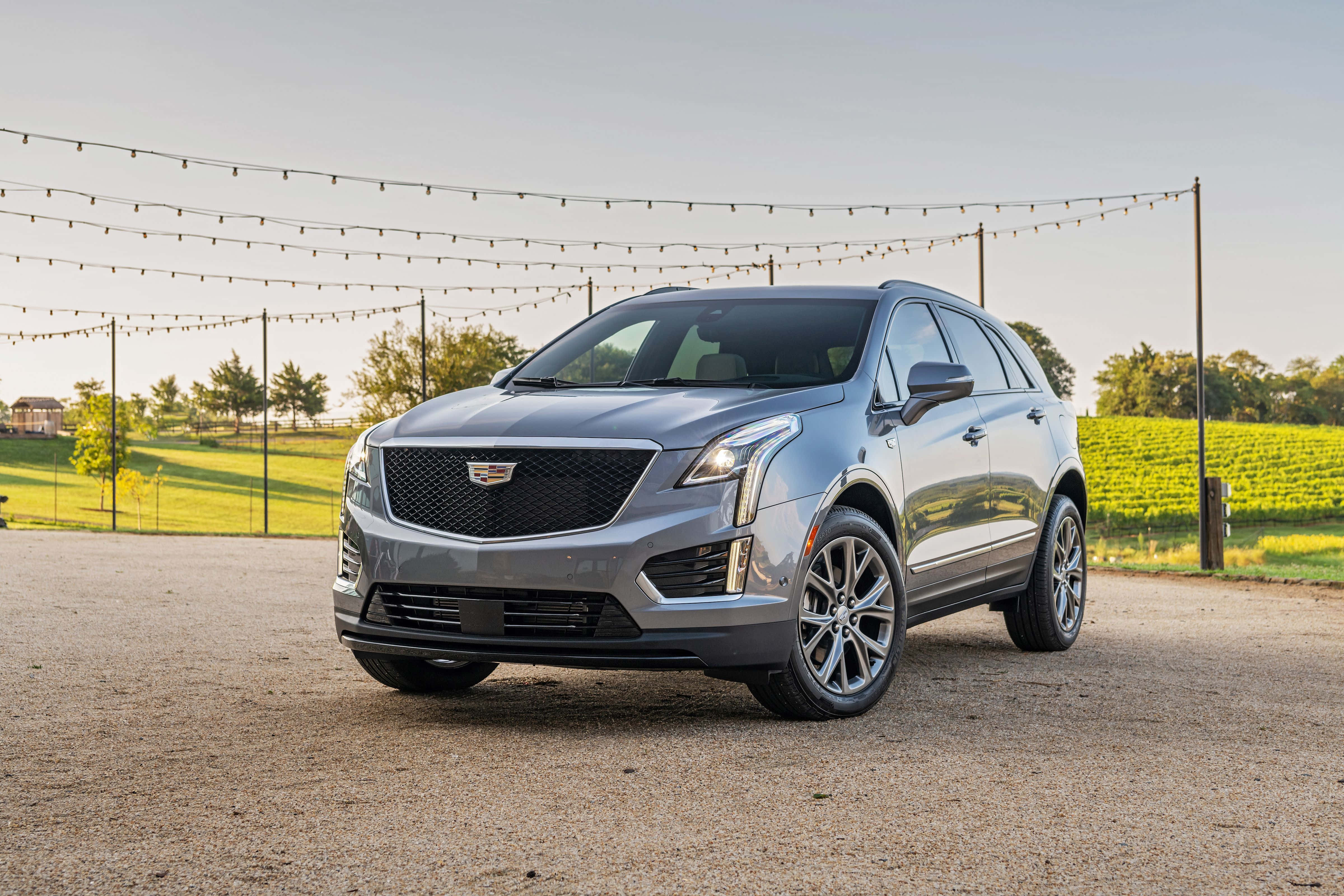 Cadillac Xt5 桌布 壁紙 — 一輛時尚的銀色凱迪拉克SUV停在碎石上，頭頂有串燈，背景是綠色田野。