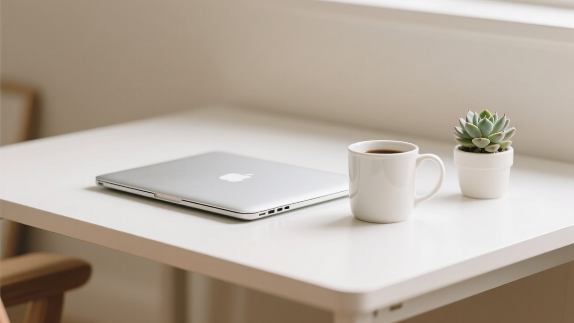 Minimalist Workspace Serenity 壁紙 — 一台時尚的銀色筆記型電腦、一個白色馬克杯和一小盆多肉植物整齊地放在一張簡約的白色桌子上，沐浴在柔和自然光中。