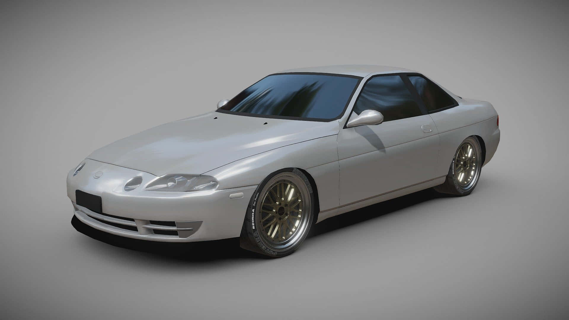 Lexus Sc 300 桌布 壁紙 — 一輛時尚的銀色運動轎跑車，配備金色輪圈和有色車窗，在灰色中性工作室背景前擺姿勢。