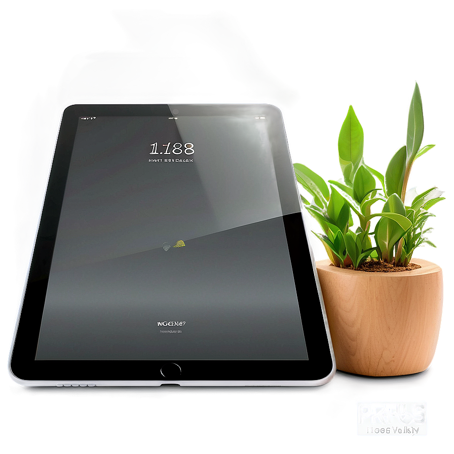 桌上盆栽植物旁邊的平板電腦，帶有鎖定螢幕。 — iPad 壁紙