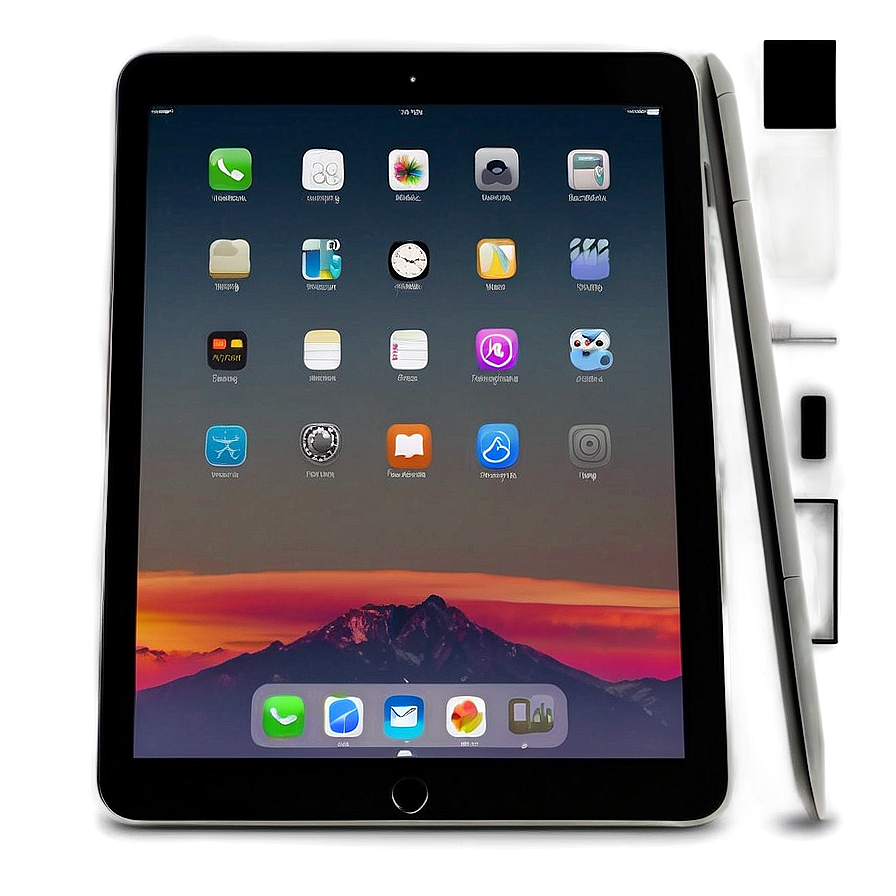 一部平板電腦，螢幕上顯示山景日落桌布和應用程式圖示。 — iPad 壁紙