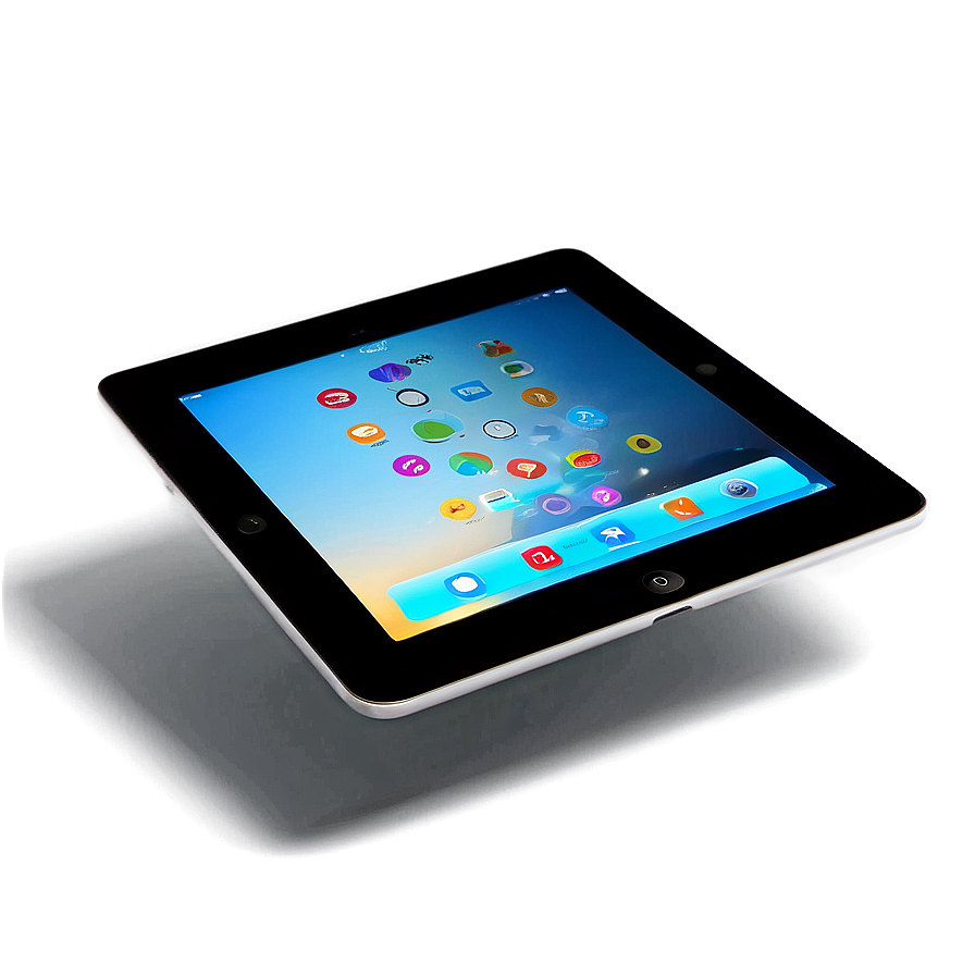 發光的平板電腦在深色表面上顯示彩色應用程式圖標。 — iPad 壁紙