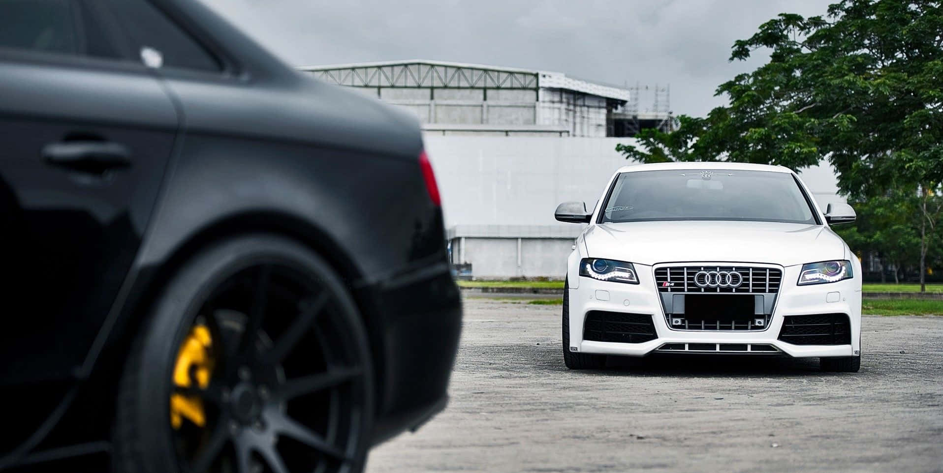 Audi S4 桌布 壁紙 — 一台時尚的白色奧迪跑車面向前方，而一輛帶有黃色制動卡鉗的黑色汽車在前景中模糊。