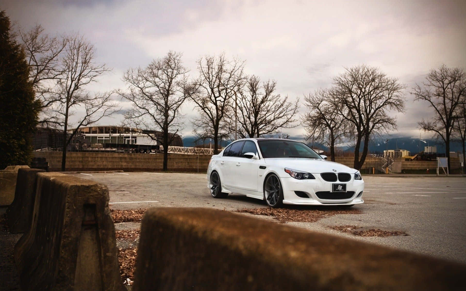 Bmw M5 桌布 壁紙 — 一輛時尚的白色寶馬轎車停放在一個空地上，周圍有光禿禿的樹木和遠山，天空多雲。