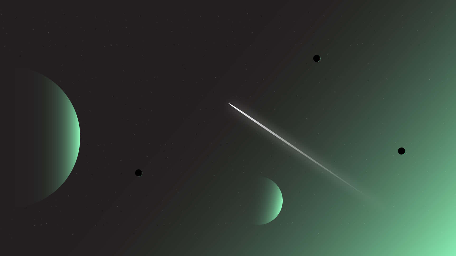 Minimalist Space 桌布 壁紙 — 一條流線型的白色彗星劃過漸變綠色和黑色的宇宙虛空，伴隨著兩顆發光的行星和遙遠的恆星。