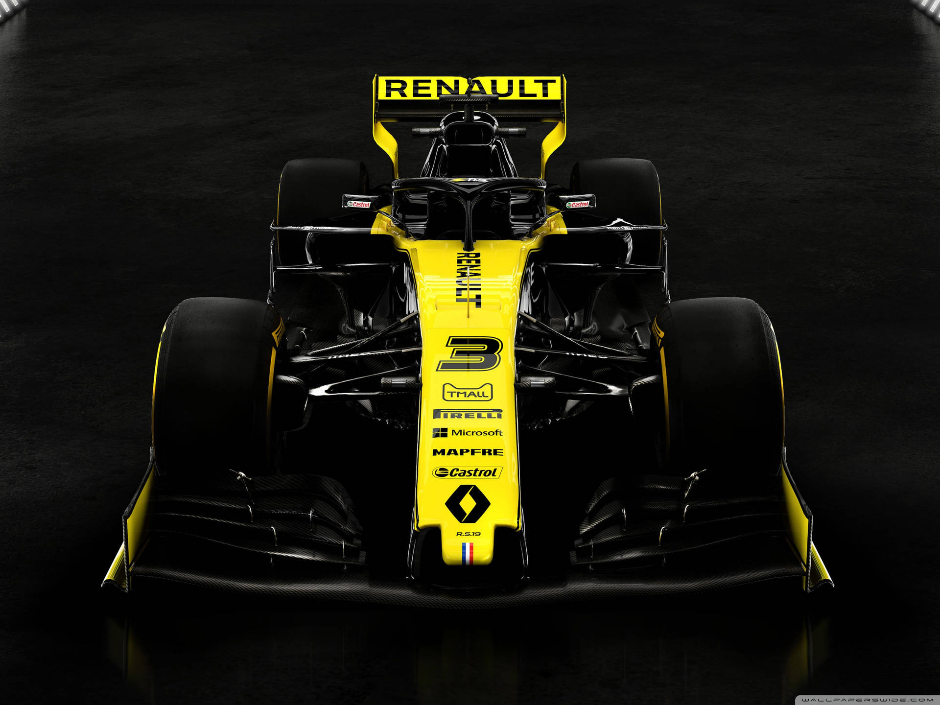 黃黑雷諾一級方程式賽車，號碼3，在深色反光表面上。 — F1 壁紙