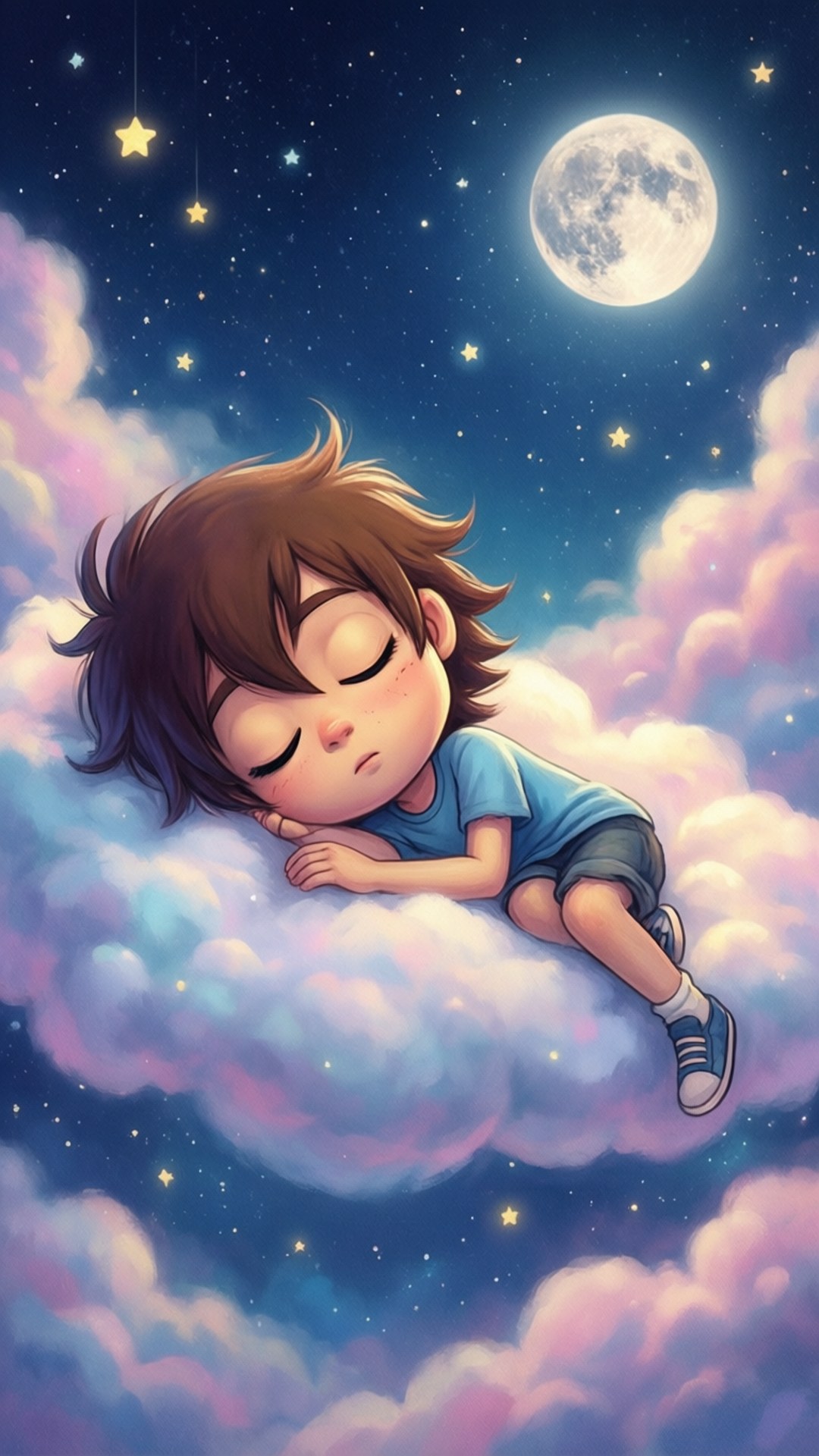 Sleeping Tom Cloud 壁紙 — 一個棕色頭髮的睡男孩在明亮的月亮和閃爍的星星下，平靜地躺在蓬鬆的雲朵上休息。