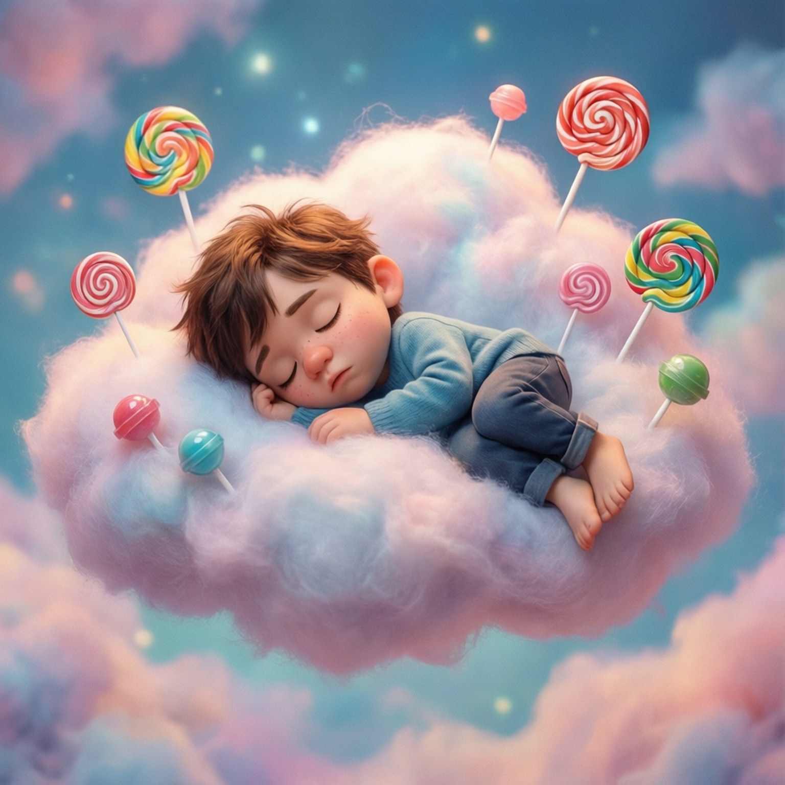 Sleeping on Cloud 壁紙 — 一個熟睡的孩子在蓬鬆的雲朵上安詳地休息，周圍環繞著色彩繽紛的棒棒糖，背景是夢幻的粉彩天空。