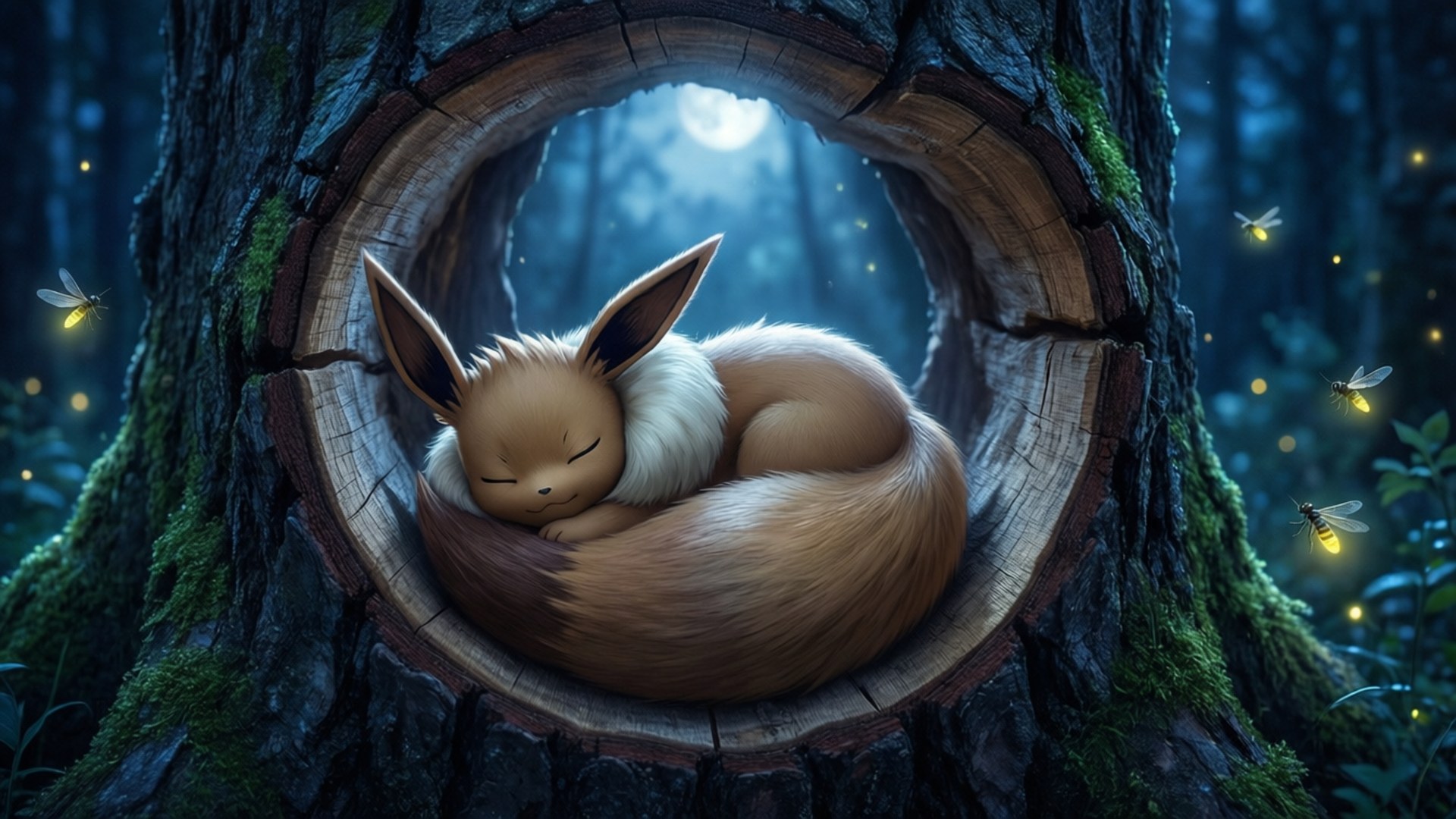 Cozy Night Sleep 壁紙 — 一隻睡著的伊布在月光照耀的森林中，在長滿苔蘚的樹洞裡蜷縮著，周圍有發光的螢火蟲。