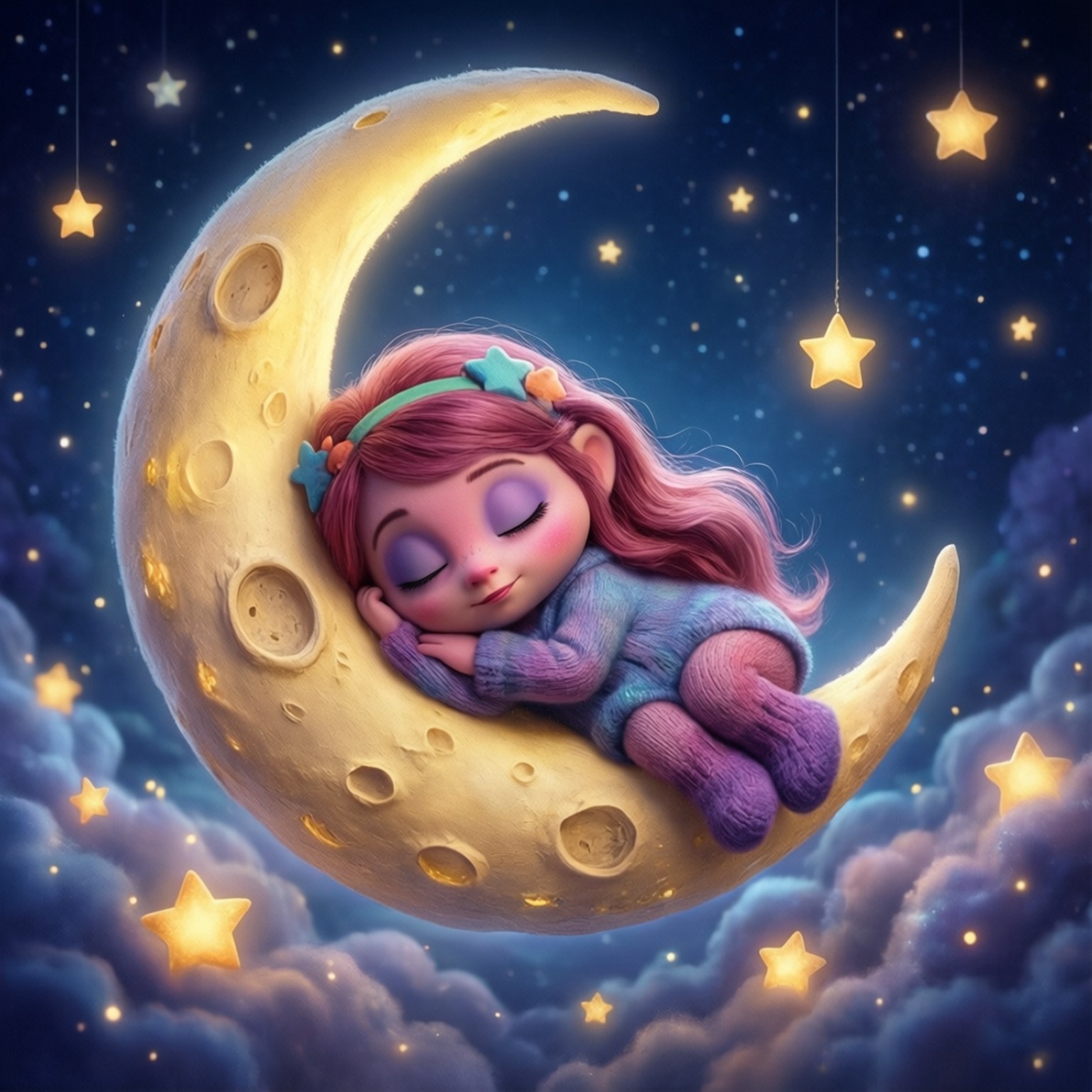 一個小女孩在繁星點點的夜空下，在新月上熟睡。