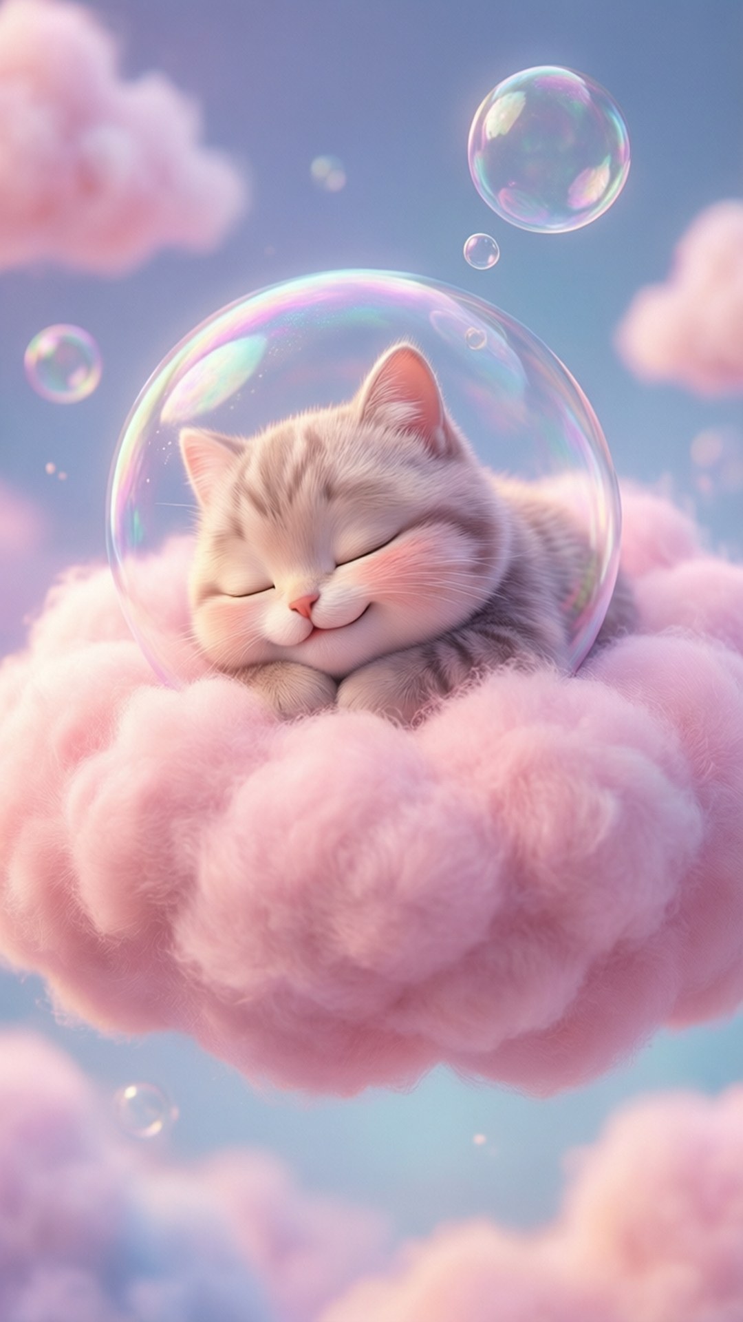 Bubbles Cloud Nap 壁紙 — 一隻平靜的虎斑小貓在一個巨大泡泡內安睡，泡泡放在一個 fluffy 粉紅雲上，周圍漂浮著泡泡。