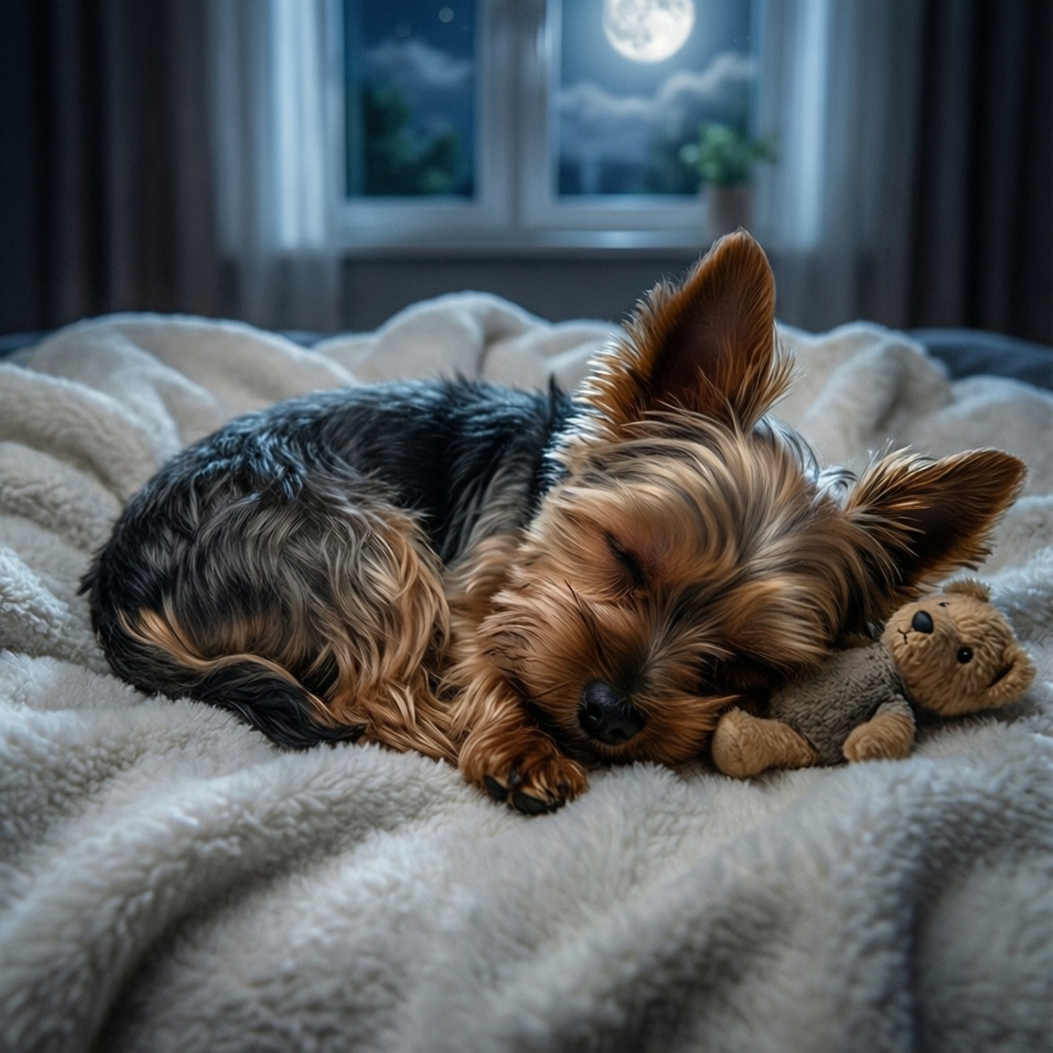 Sleeping Yorkie Moonlight 壁紙 — 一隻睏倦的約克夏㹴在月光下的窗邊，蜷縮在毛茸茸的奶油色毯子上，旁邊有一隻泰迪熊。