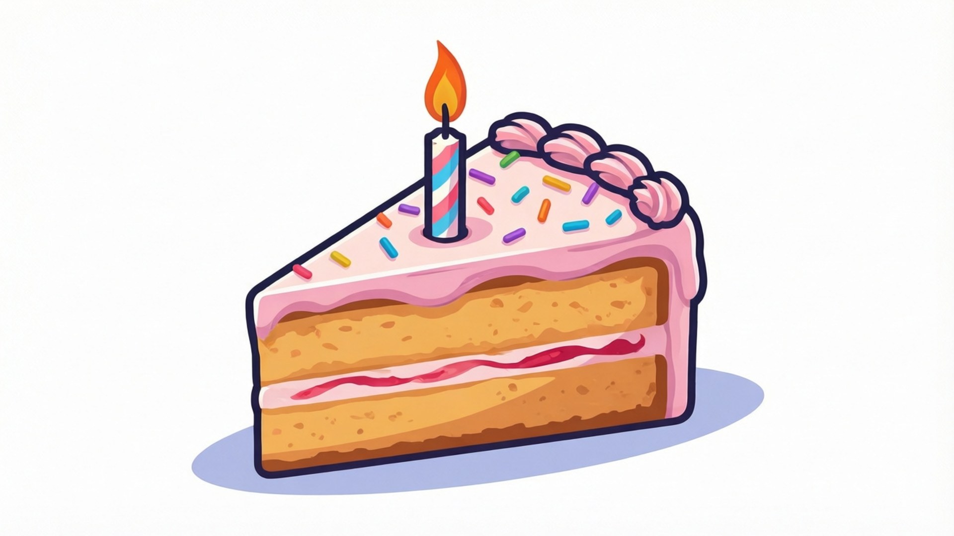 Birthday Cake Clipart 壁紙 — 一塊分層生日蛋糕，上面有粉紅色糖霜、一支點燃的蠟燭和彩色糖粒，背景簡潔。