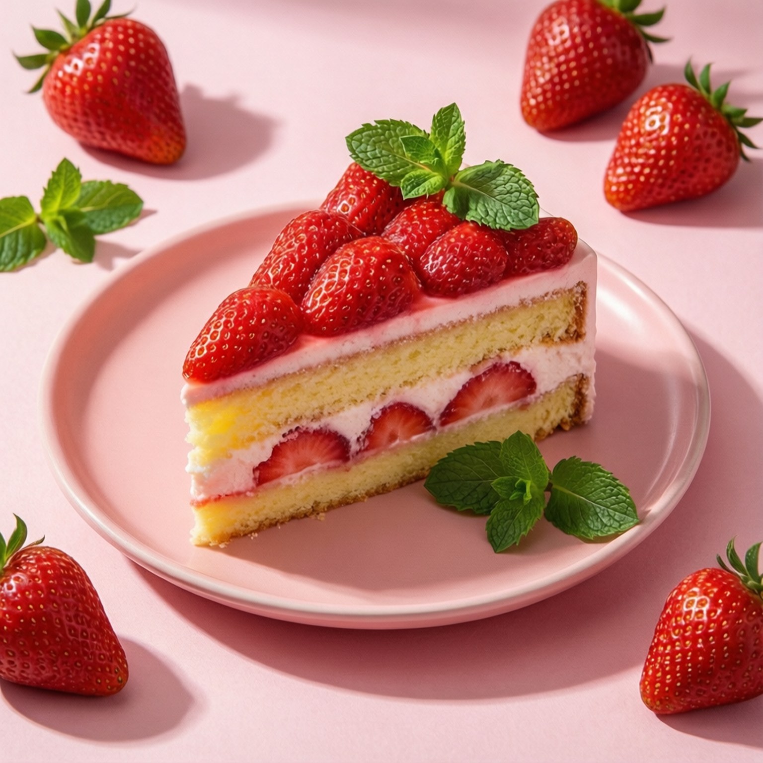 Strawberry Cake Slice 壁紙 — 一片草莓蛋糕，上面有新鮮的完整草莓和薄荷葉，放在粉紅色盤子上，背景是柔和的粉紅色。