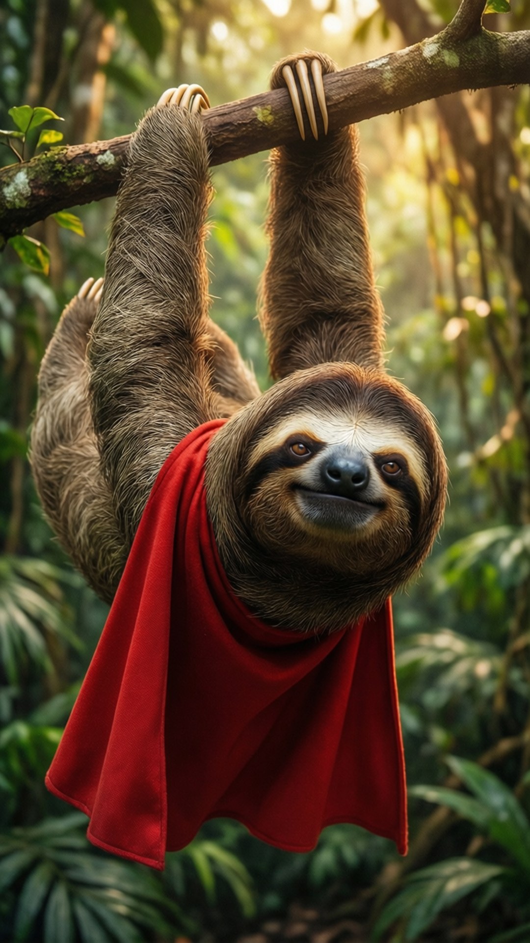 Super Sloth 壁紙 — 一隻樹懶掛在茂密叢林的樹枝上，披著鮮紅色的斗篷，陽光穿過樹葉灑落。