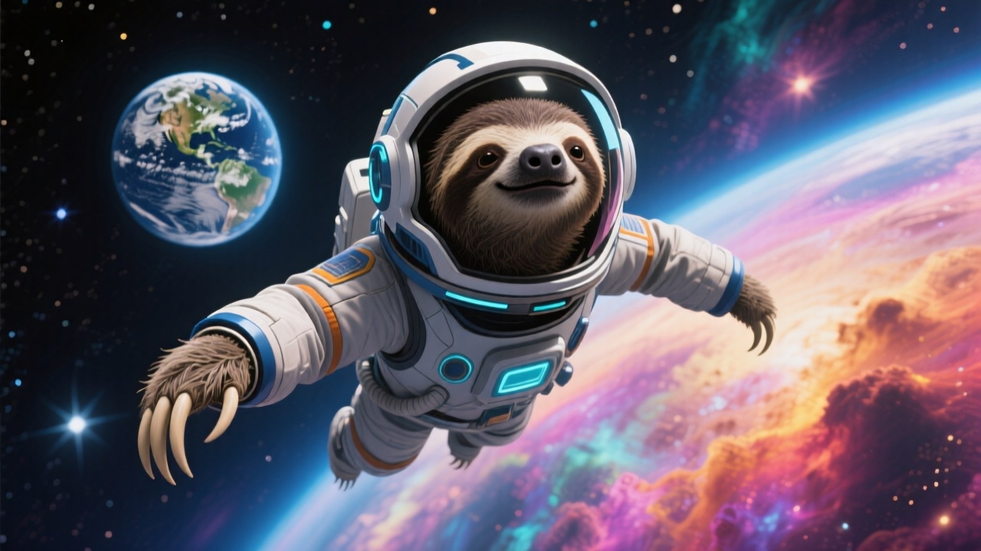 Sloth Astronaut Explorer 壁紙 — 一隻穿著詳細太空衣的樹懶在地球和彩色星雲的背景中平靜地漂浮在太空中。