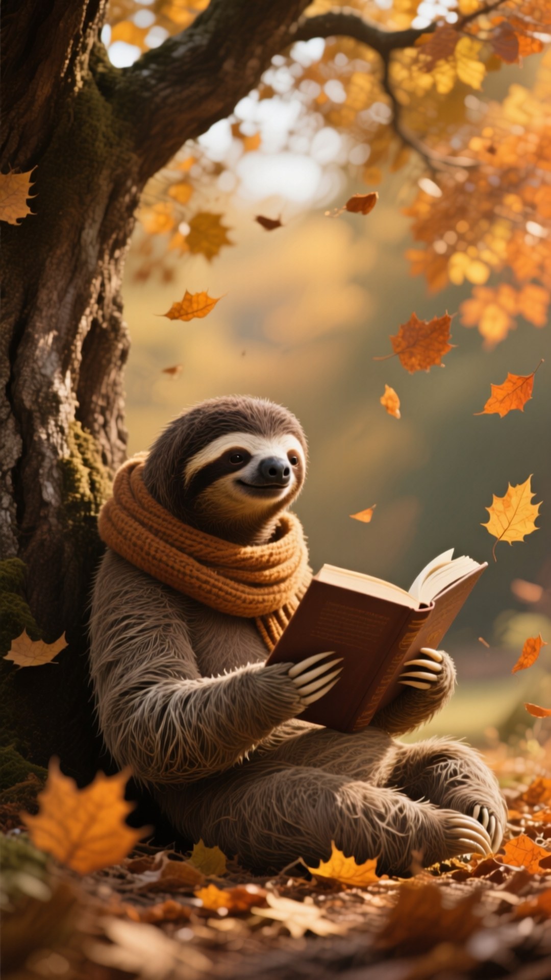 Autumn Reading Sloth 壁紙 — 一隻樹懶戴著舒適的橙色圍巾，在樹下看書，金色的秋葉在它周圍旋轉。