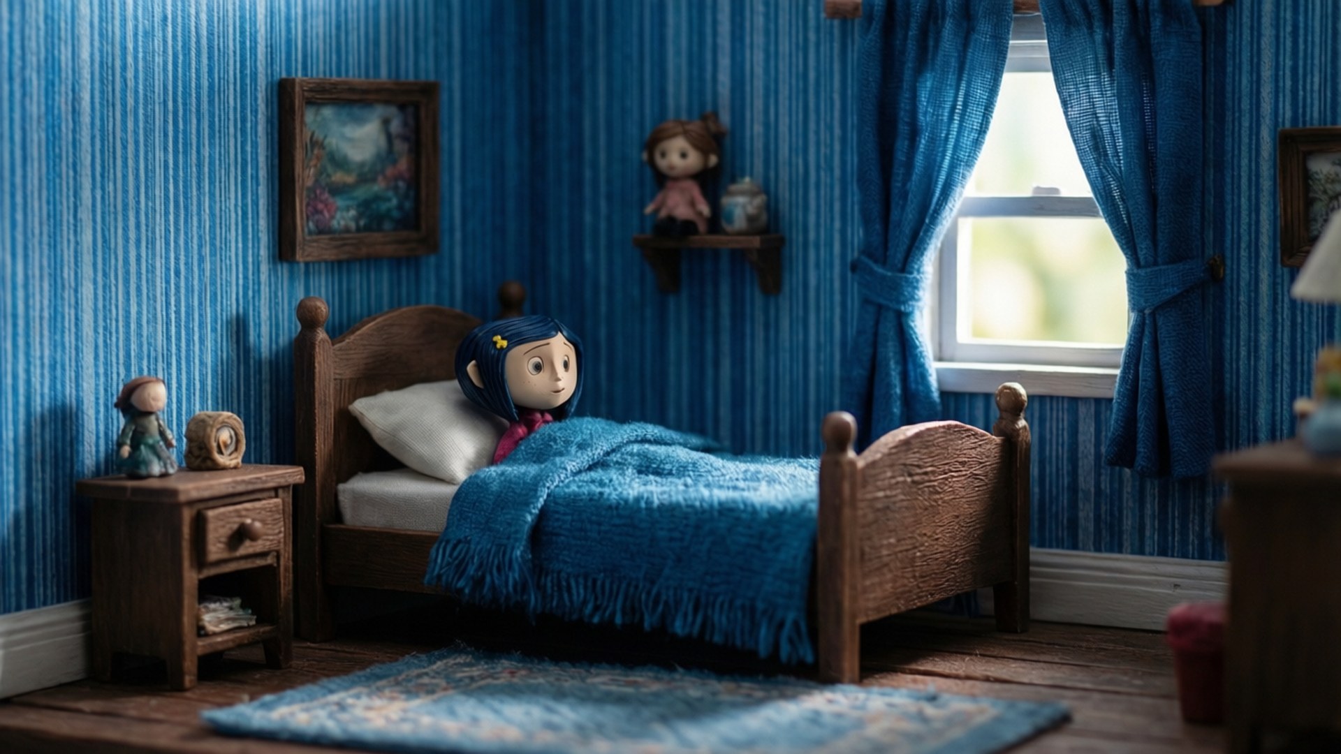 Coraline's Bedroom 壁紙 — 一個藍色頭髮的小動畫女孩坐在床上，蓋著藍色毯子，房間裡有藍色條紋壁紙和木製家具。