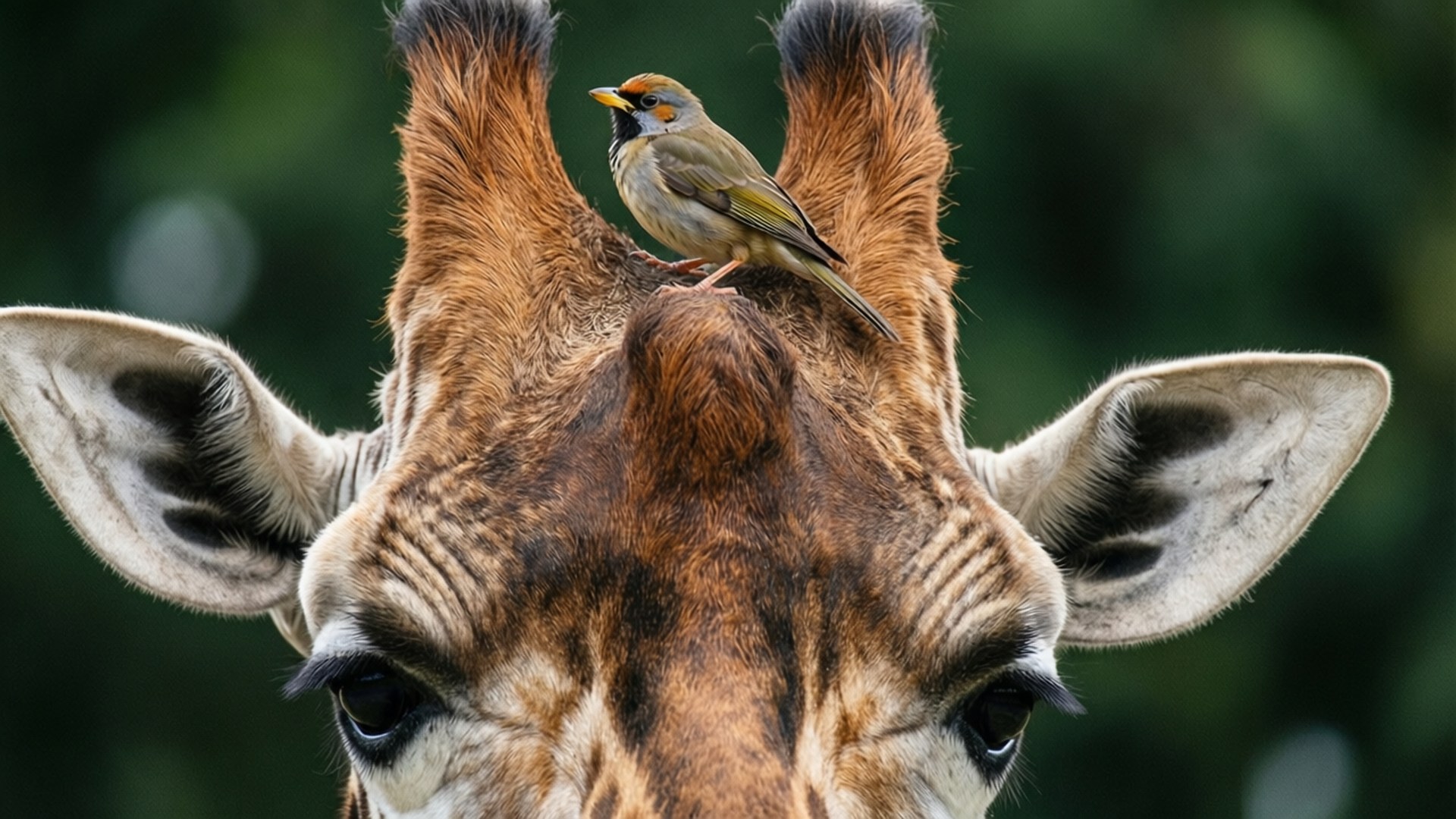 Giraffe and Bird Friend 壁紙 — 一隻小鳥平靜地棲息在長頸鹿頭上的角上，背景是柔和的綠色。
