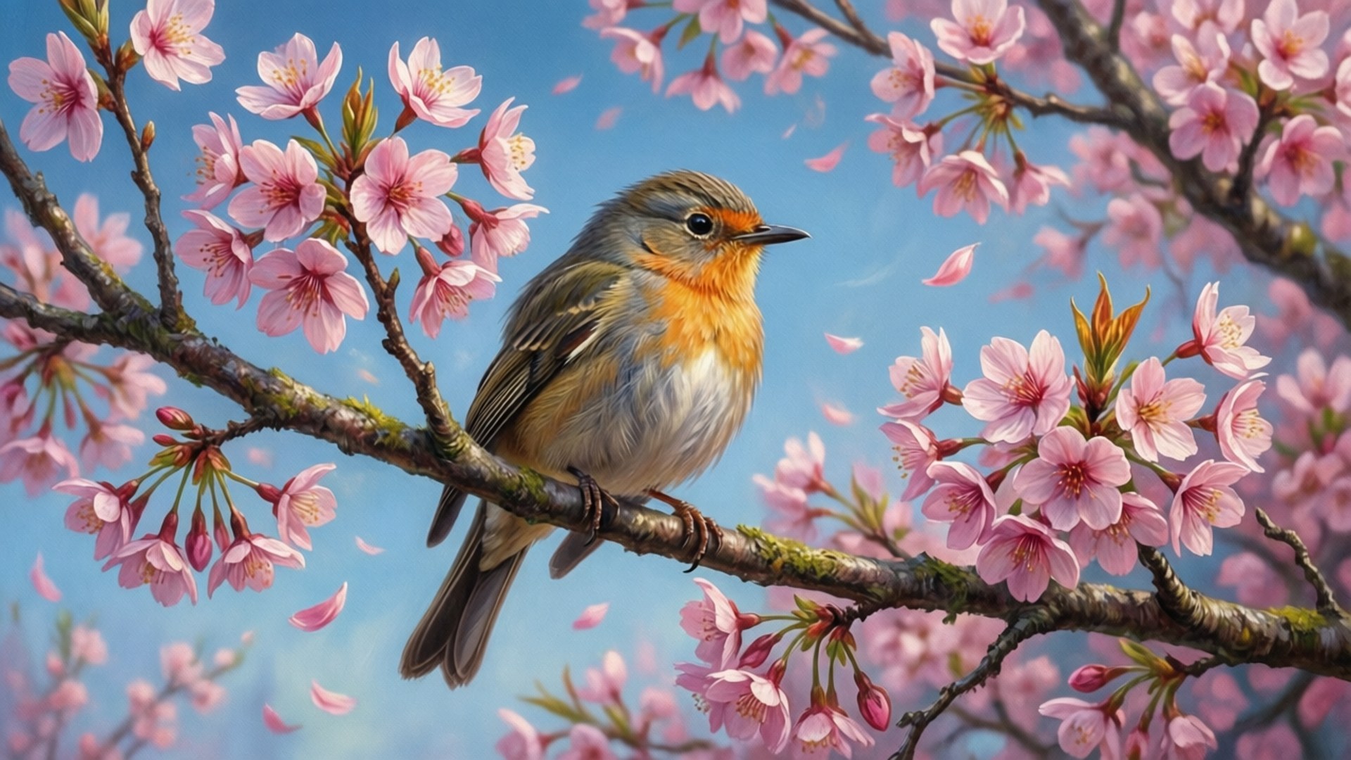 Bird and Blossoms 壁紙 — 一隻橙色喉嚨的小鳥棲息在櫻花枝上，背景是清澈的藍天。