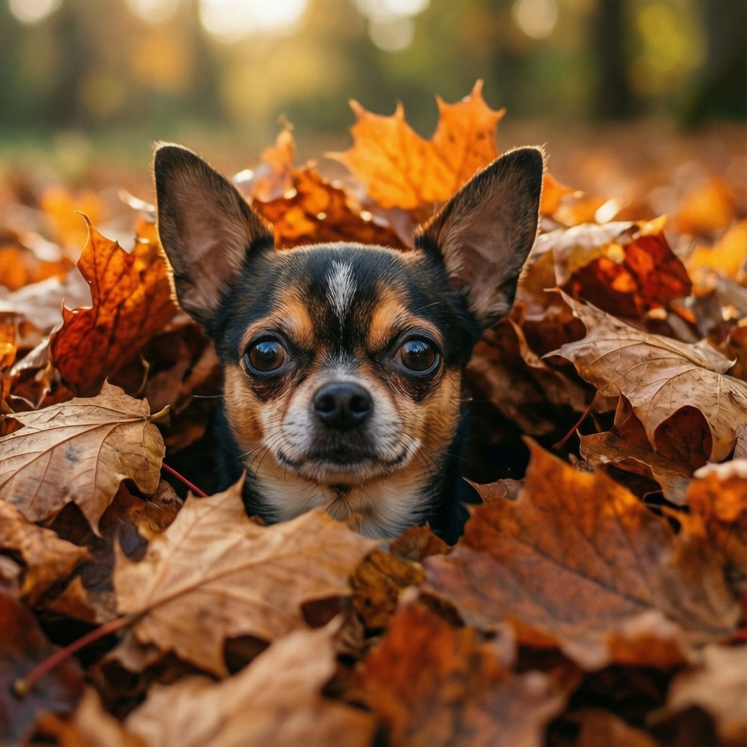 Hidden in Leaves 壁紙 — 一隻小黑褐色吉娃娃在溫暖陽光下從一堆金色秋葉中好奇地探出頭來。