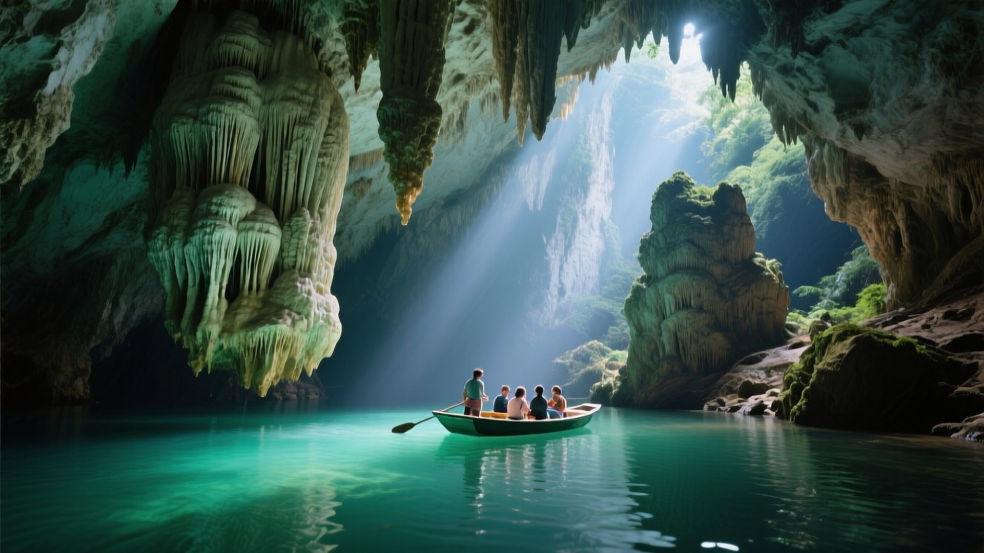 Phong Nha Cave 壁紙 — 一艘小船載著五個人穿過一個巨大的洞穴，洞內有碧綠色的水，陽光從高處的開口傾瀉而下。