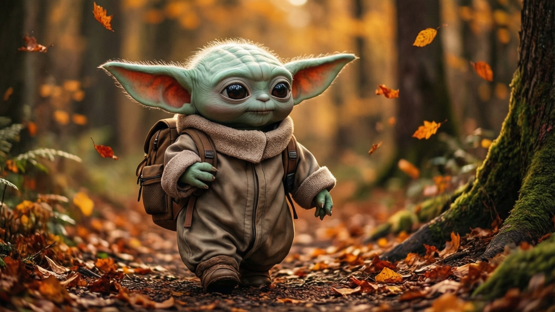 Exploring Baby Yoda 壁紙 — 一個有大耳朵的小綠色外星人，穿著棕色背包和外套，走過一個鋪滿橙色落葉的森林。