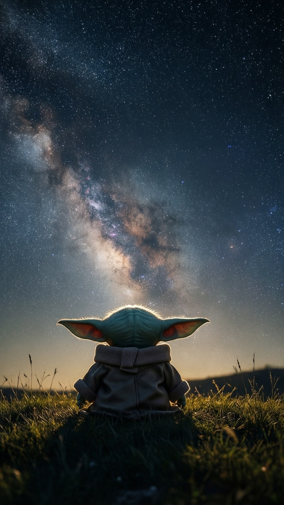 Stargazing Baby Yoda 壁紙 — 一個穿著棕色長袍的綠色小生物坐在草地上，仰望在繁星點點的夜空中閃耀的銀河系。