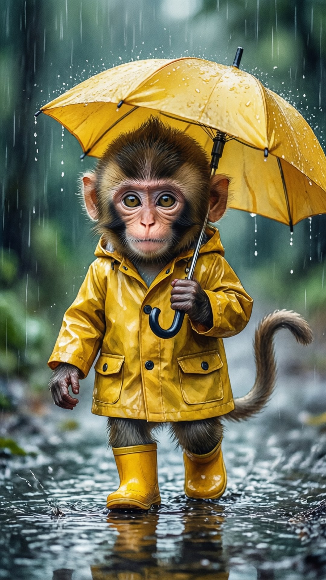Rainy Day Monkey 壁紙 — 一隻穿著黃色雨衣和靴子的小猴子，在雨中森林行走時拿著一把相配的雨傘。